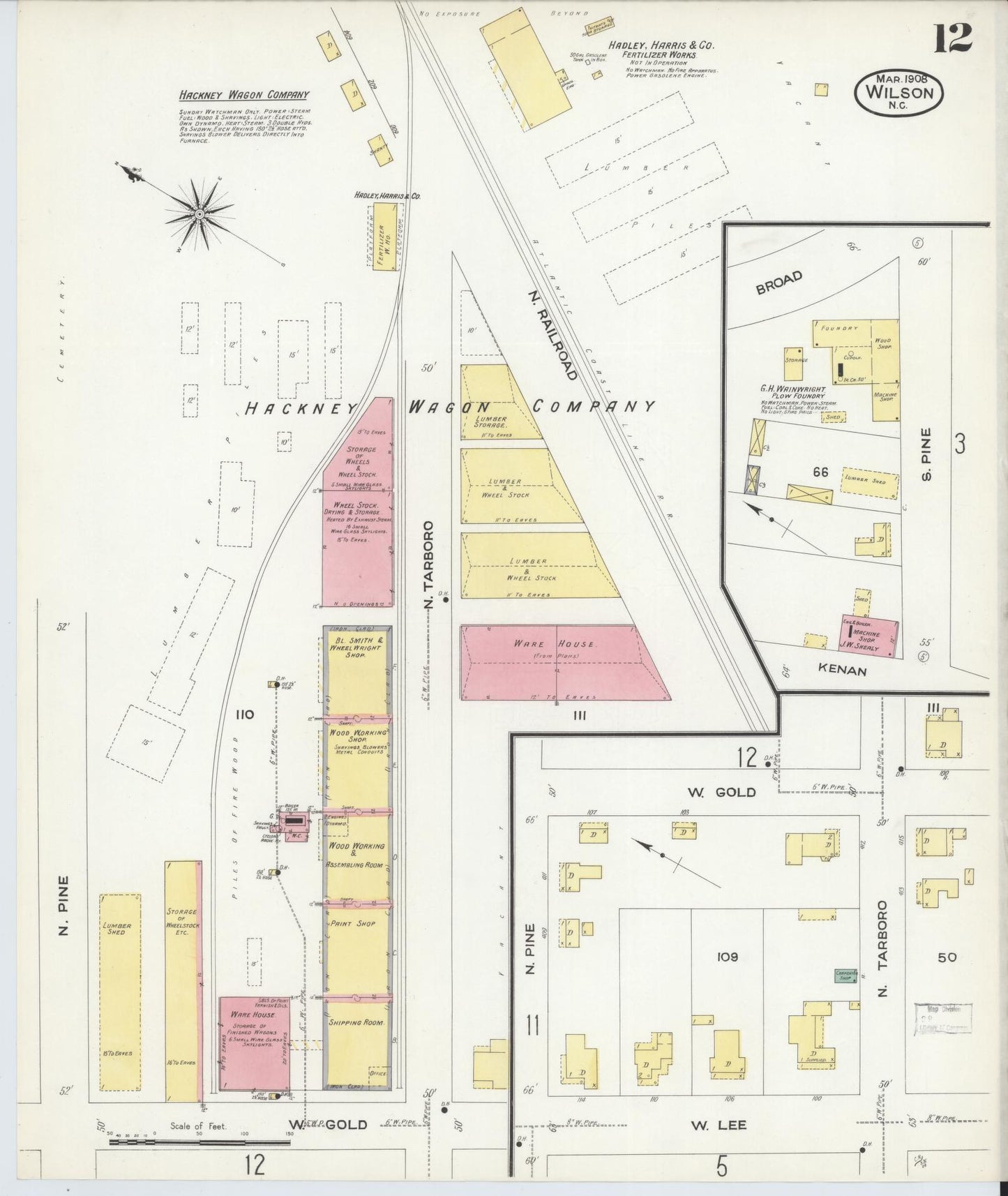 Sanborn Fire Insurance Map from Wilson, Wilson County, North Carolina (1908), Sheet #0012 - Historic Sanborn Fire Insurance Map Print, vintage old map wall art, antique decor, genealogy gift, North Carolina North Carolina map