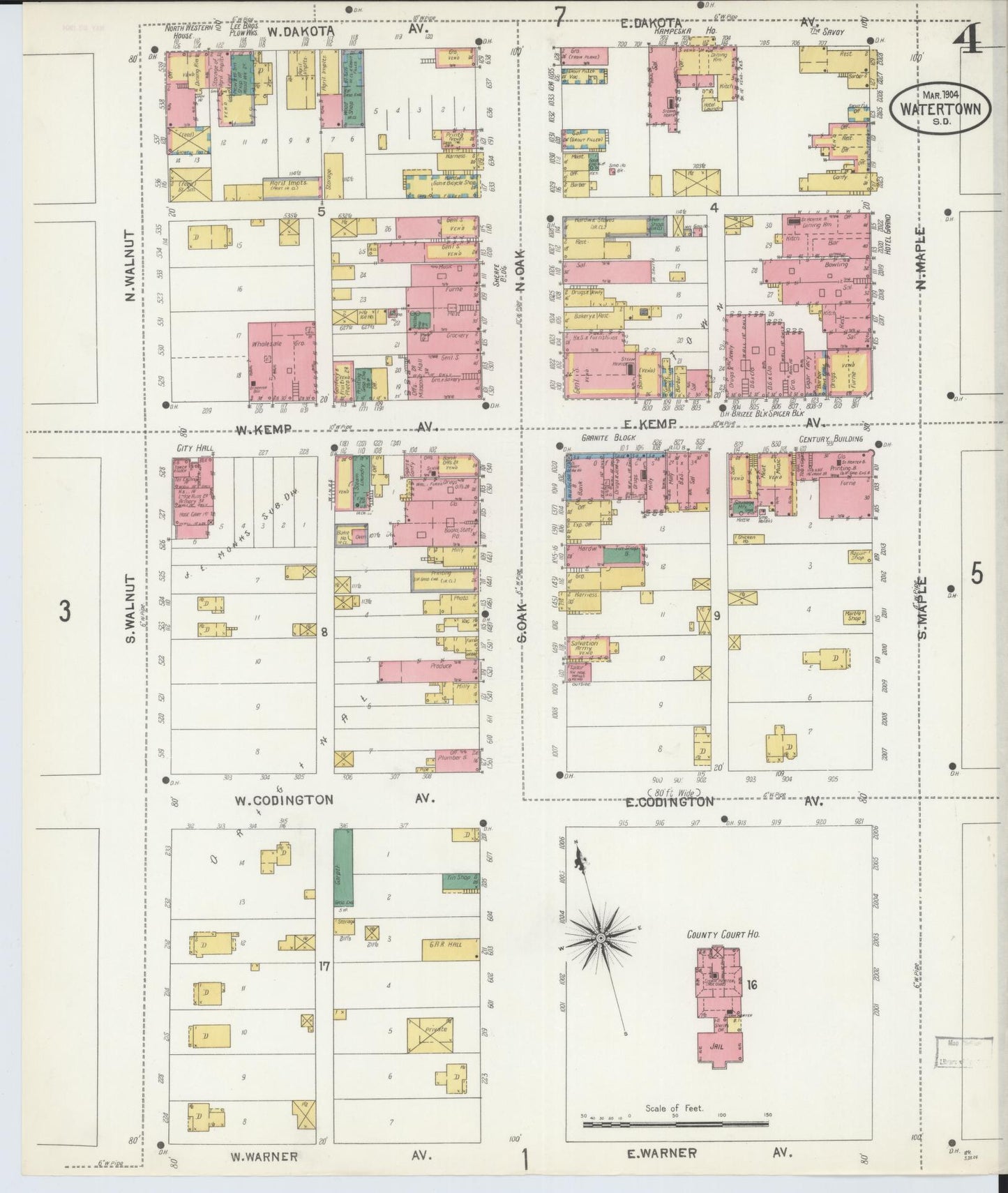 Sanborn Fire Insurance Map from Watertown, Codington County, South Dakota (1904), Sheet #0004 - Historic Sanborn Fire Insurance Map Print, vintage old map wall art, antique decor, genealogy gift, South Dakota South Dakota map