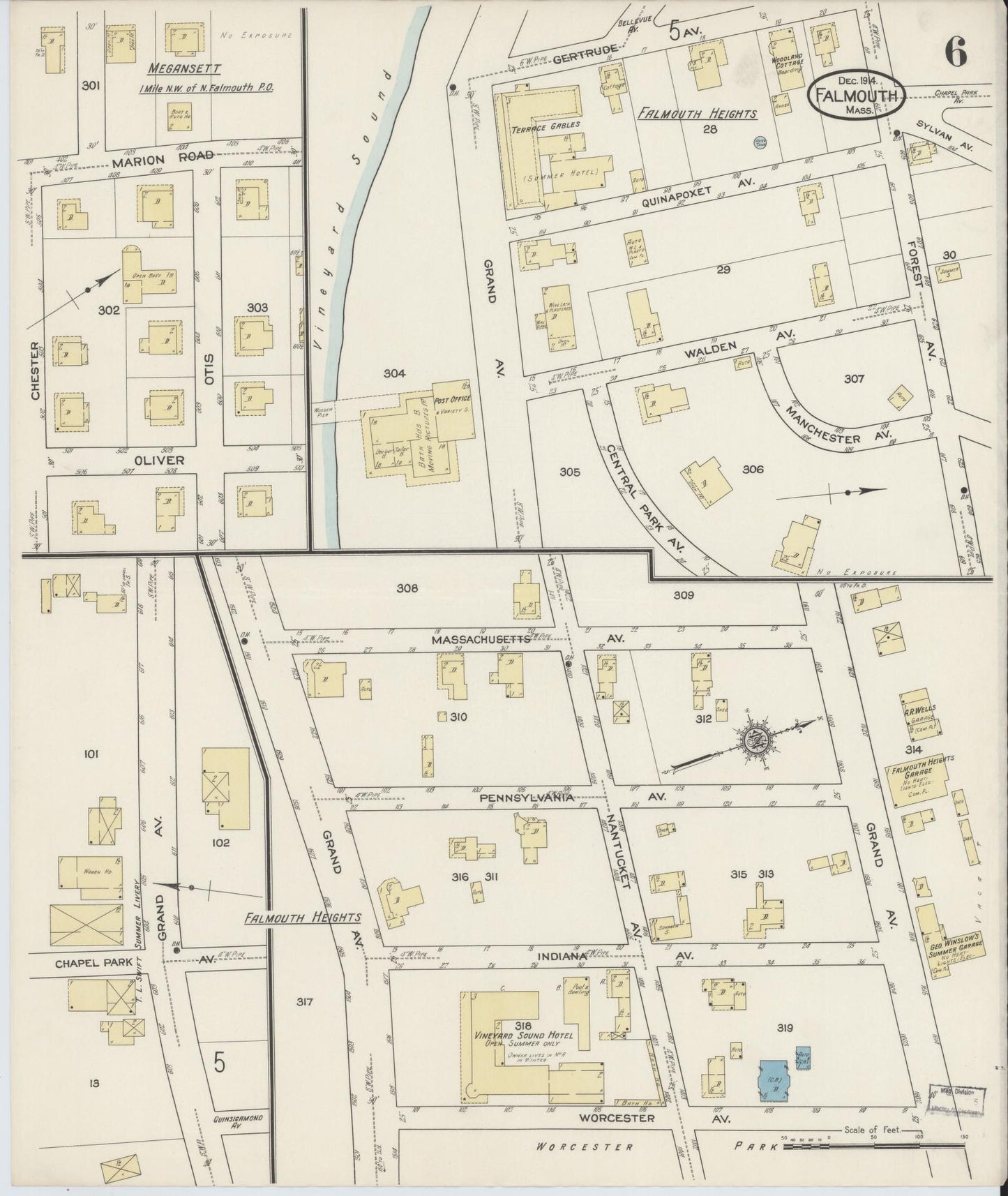 Sanborn Fire Insurance Map from Falmouth, Barnstable County, Massachusetts (1914), Sheet #0006 - Historic Sanborn Fire Insurance Map Print, vintage old map wall art, antique decor, genealogy gift, Massachusetts Massachusetts map