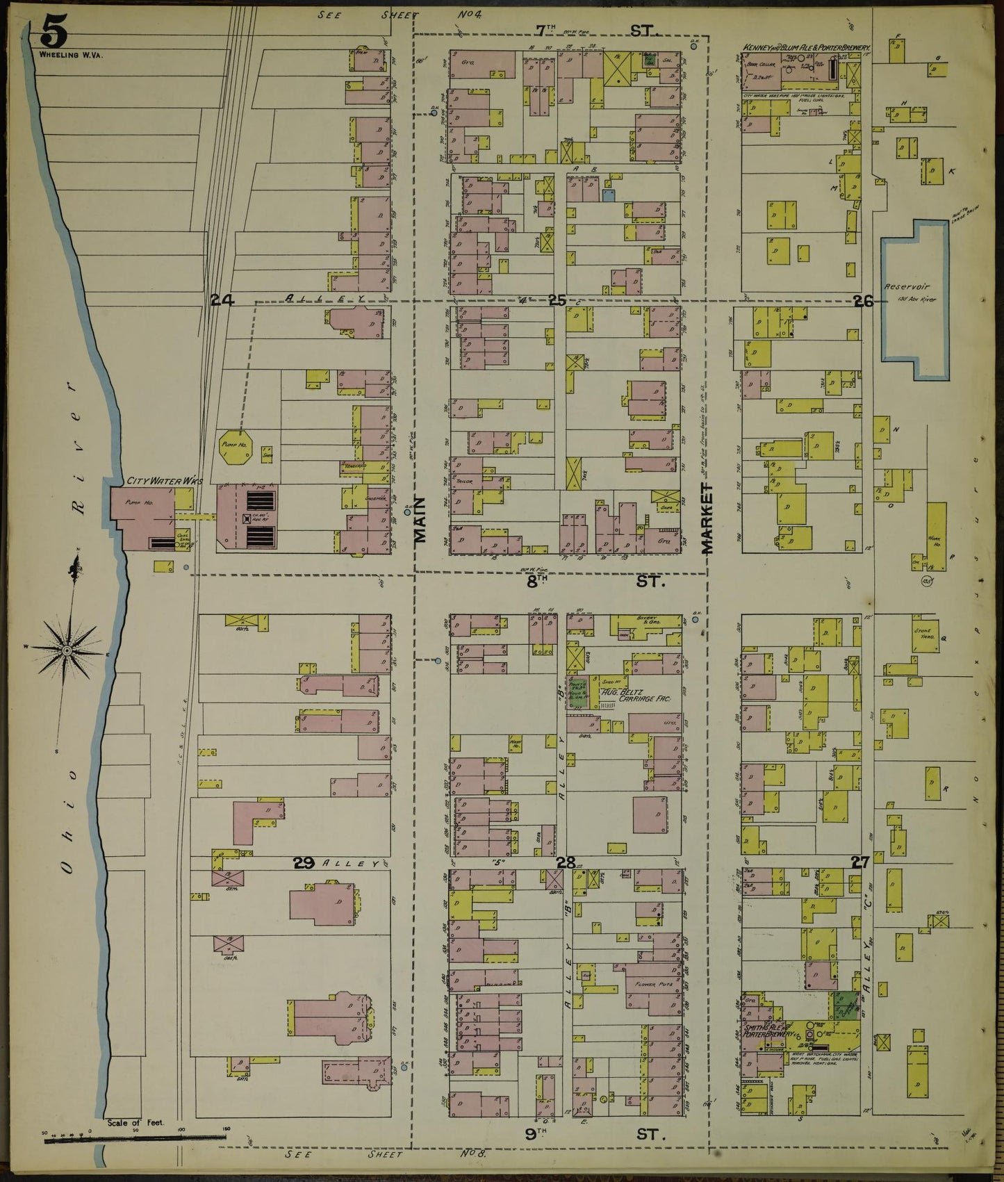 Sanborn Fire Insurance Map from Wheeling, Ohio County, West Virginia (1890), Sheet #0005 - Historic Sanborn Fire Insurance Map Print, vintage old map wall art, antique decor, genealogy gift, West Virginia West Virginia map