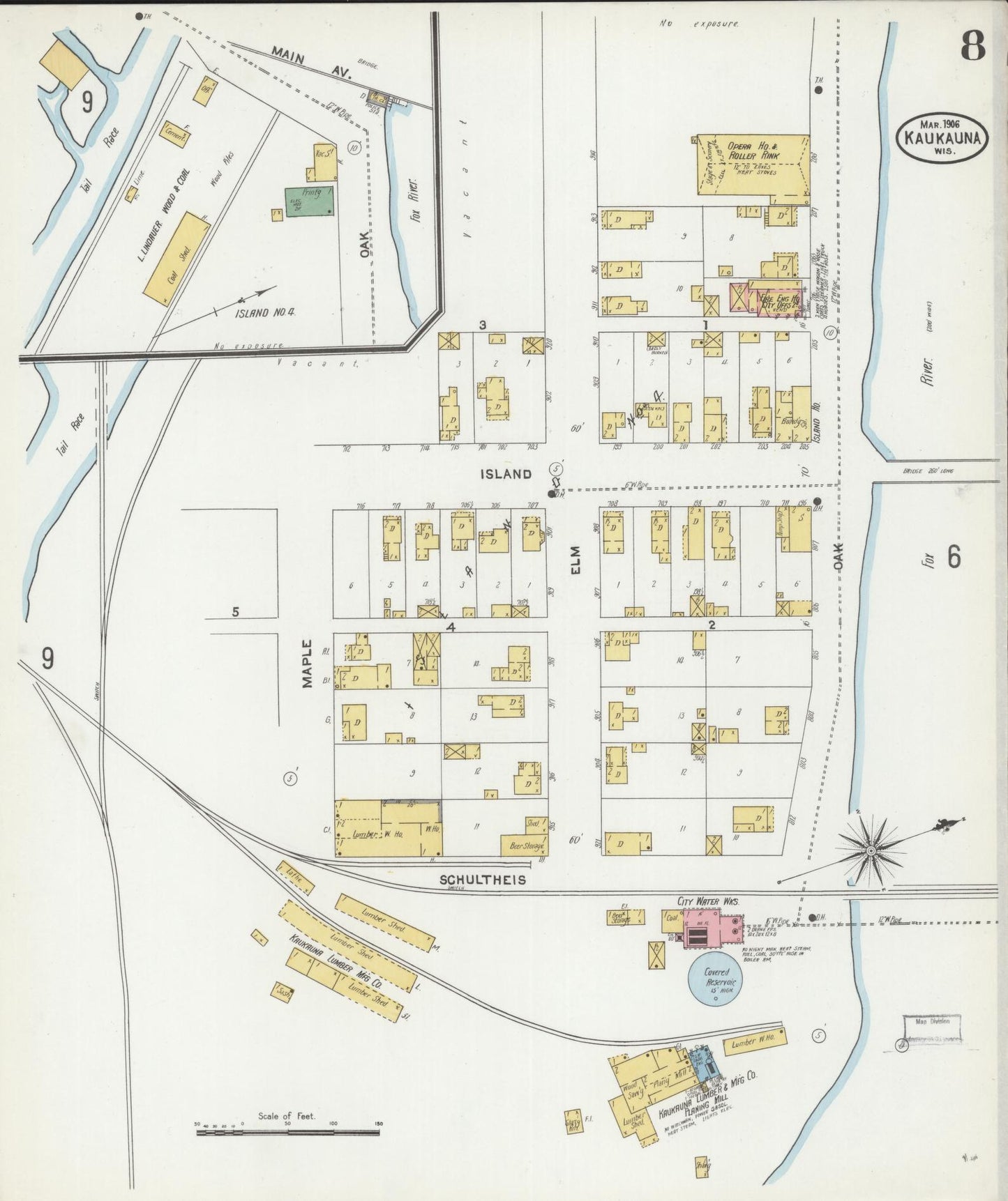 Sanborn Fire Insurance Map from Kaukauna, Outagamie County, Wisconsin (1906), Sheet #0008 - Historic Sanborn Fire Insurance Map Print, vintage old map wall art, antique decor, genealogy gift, Wisconsin Wisconsin map