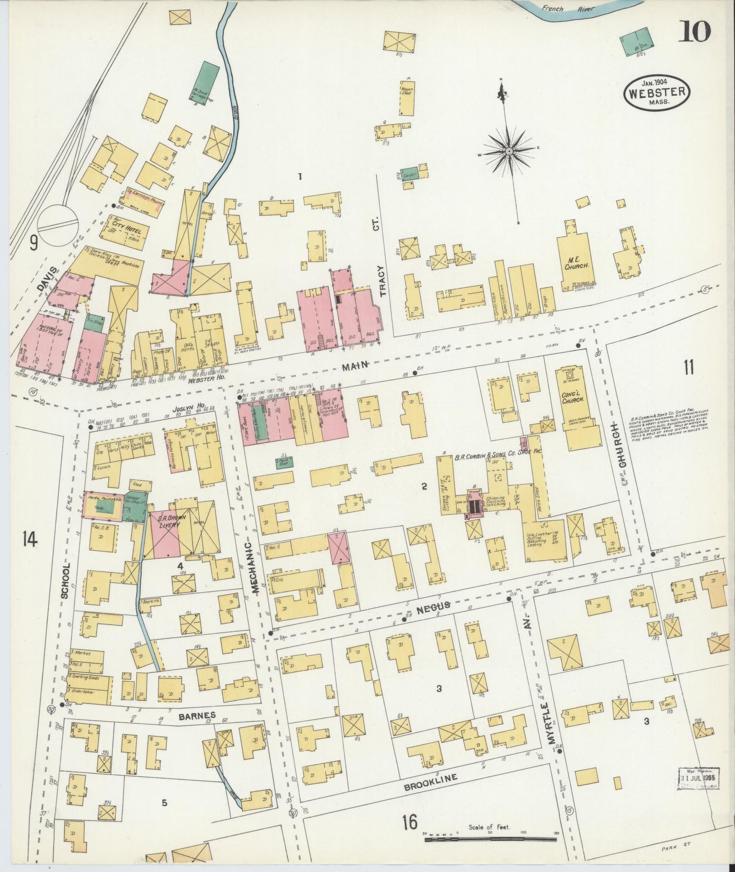 Sanborn Fire Insurance Map from Webster, Worcester County, Massachusetts (1904), Sheet #0010 - Historic Sanborn Fire Insurance Map Print, vintage old map wall art, antique decor, genealogy gift, Massachusetts Massachusetts map