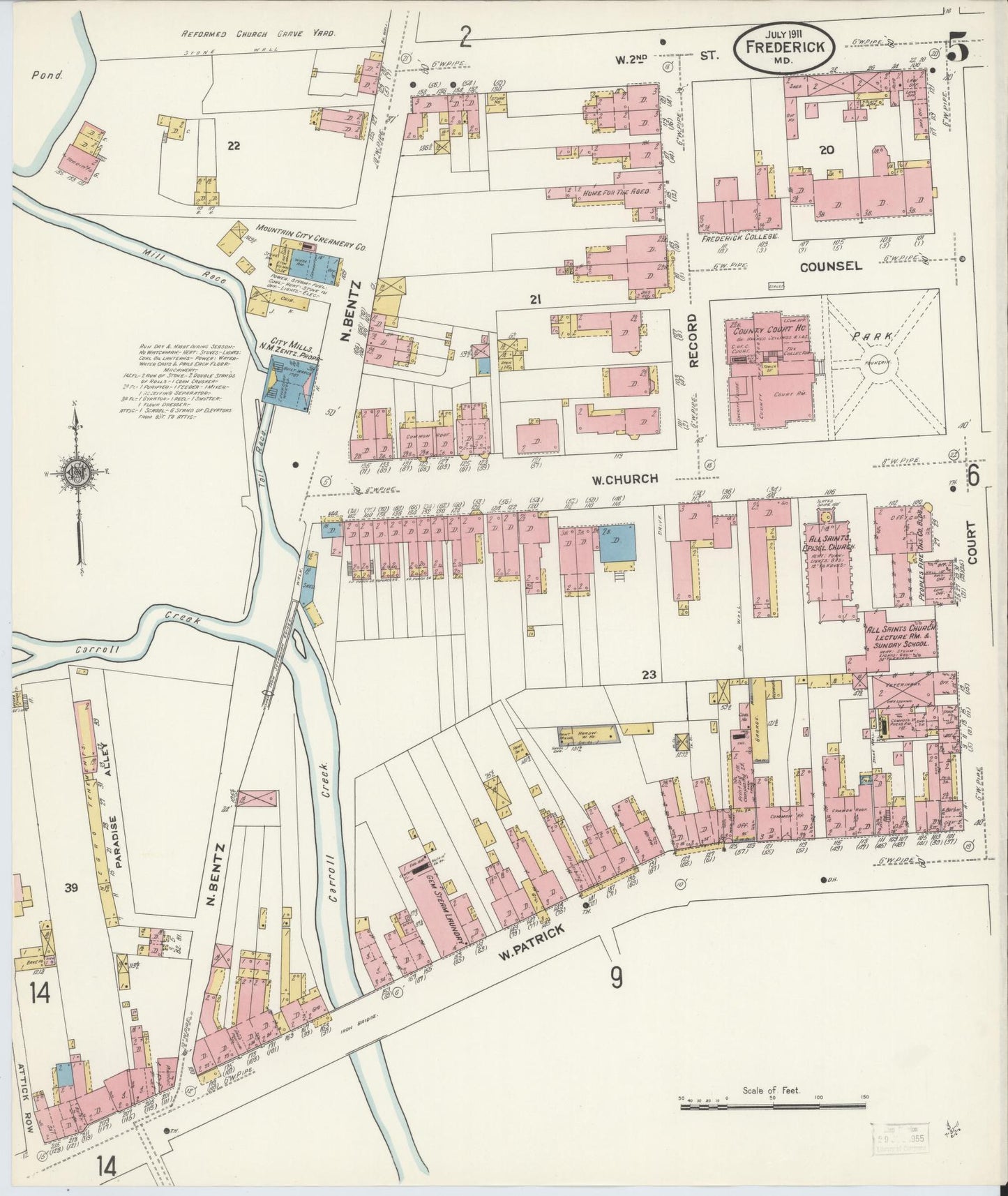 Frederick, Maryland - 1911 - Sanborn Fire Insurance Map, Sheet #0005 - Historic Sanborn Fire Insurance Map Print, Frederick Maryland 1911 0005 vintage old map wall art