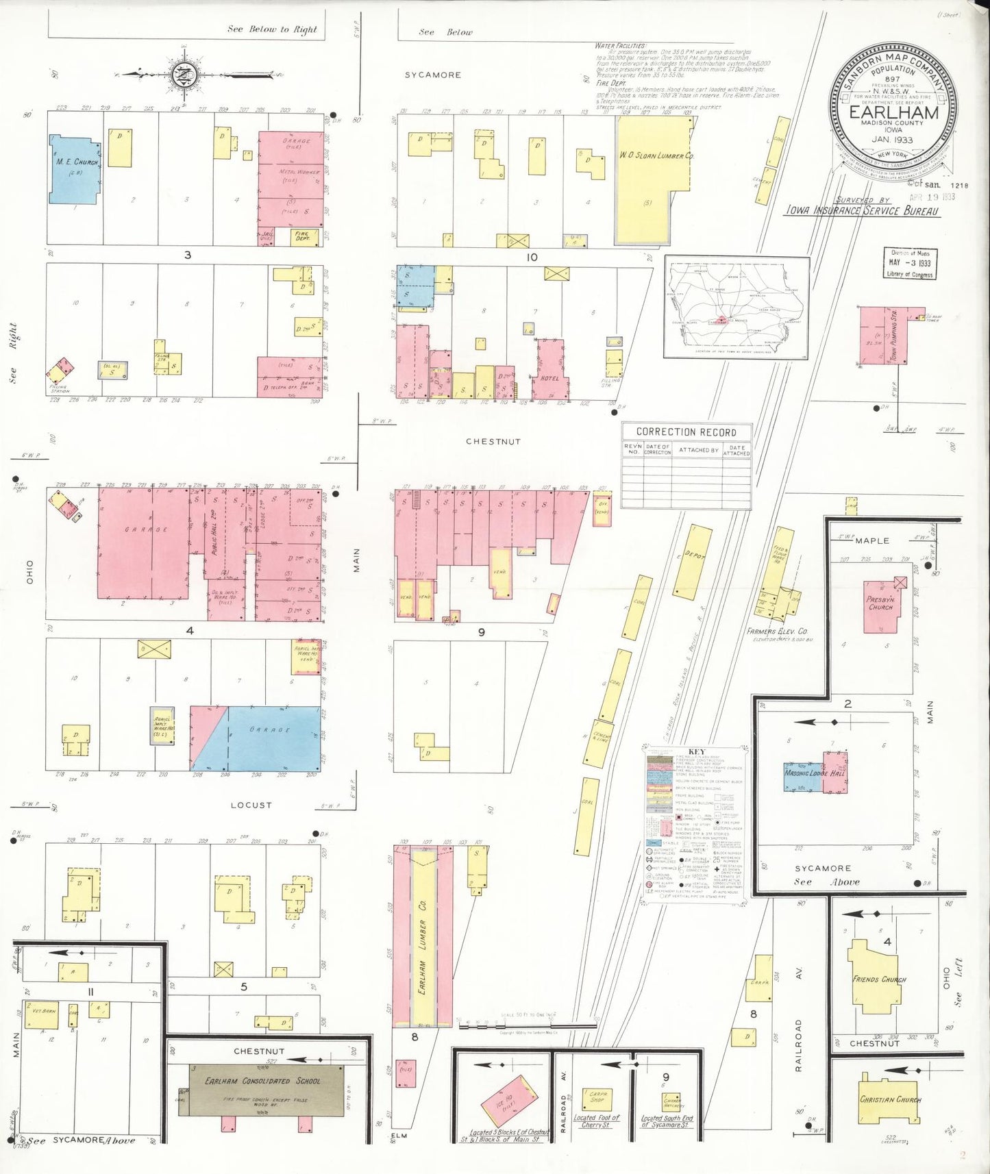 Sanborn Fire Insurance Map from Earlham, Madison County, Iowa (1933), Sheet #0001 - Historic Sanborn Fire Insurance Map Print, vintage old map wall art