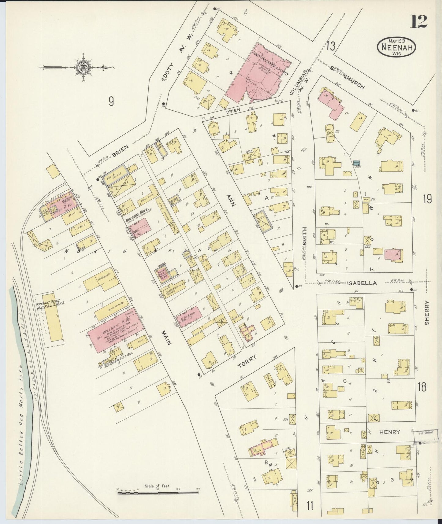 Sanborn Fire Insurance Map from Neenah, Winnebago County, Wisconsin (1913), Sheet #0012 - Historic Sanborn Fire Insurance Map Print, vintage old map wall art, antique decor, genealogy gift, Wisconsin Wisconsin map