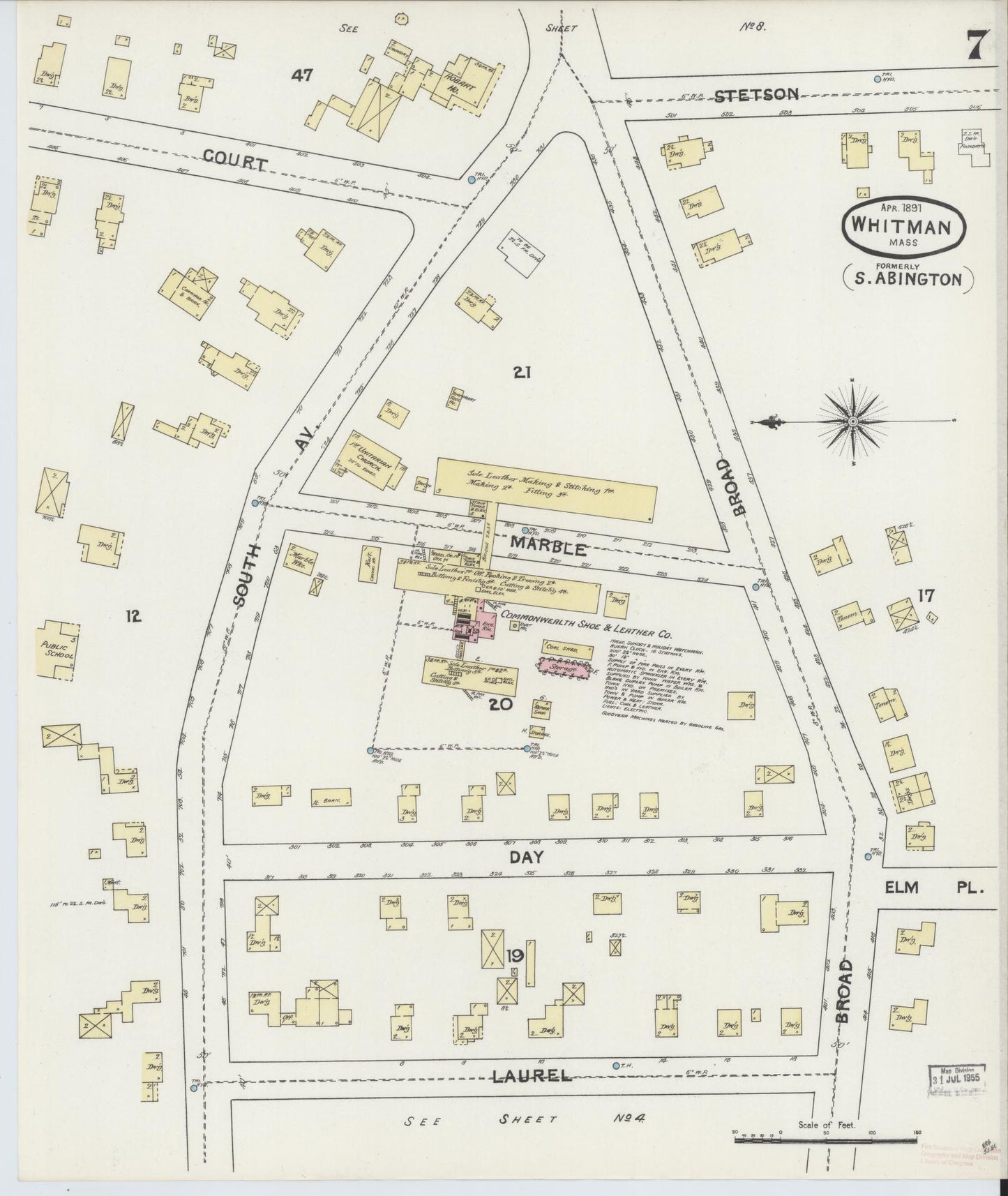 Sanborn Fire Insurance Map from Whitman, Plymouth County, Massachusetts (1891), Sheet #0007 - Historic Sanborn Fire Insurance Map Print, vintage old map wall art, antique decor, genealogy gift, Massachusetts Massachusetts map