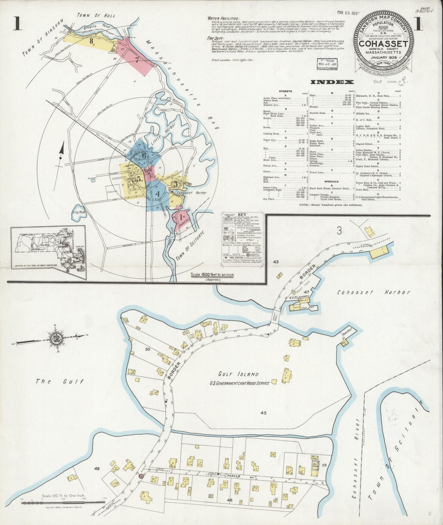 Sanborn Fire Insurance Map from Cohasset, Norfolk County, Massachusetts (1928), Sheet #0001 - Historic Sanborn Fire Insurance Map Print, vintage old map wall art, antique decor, genealogy gift, Massachusetts Massachusetts map