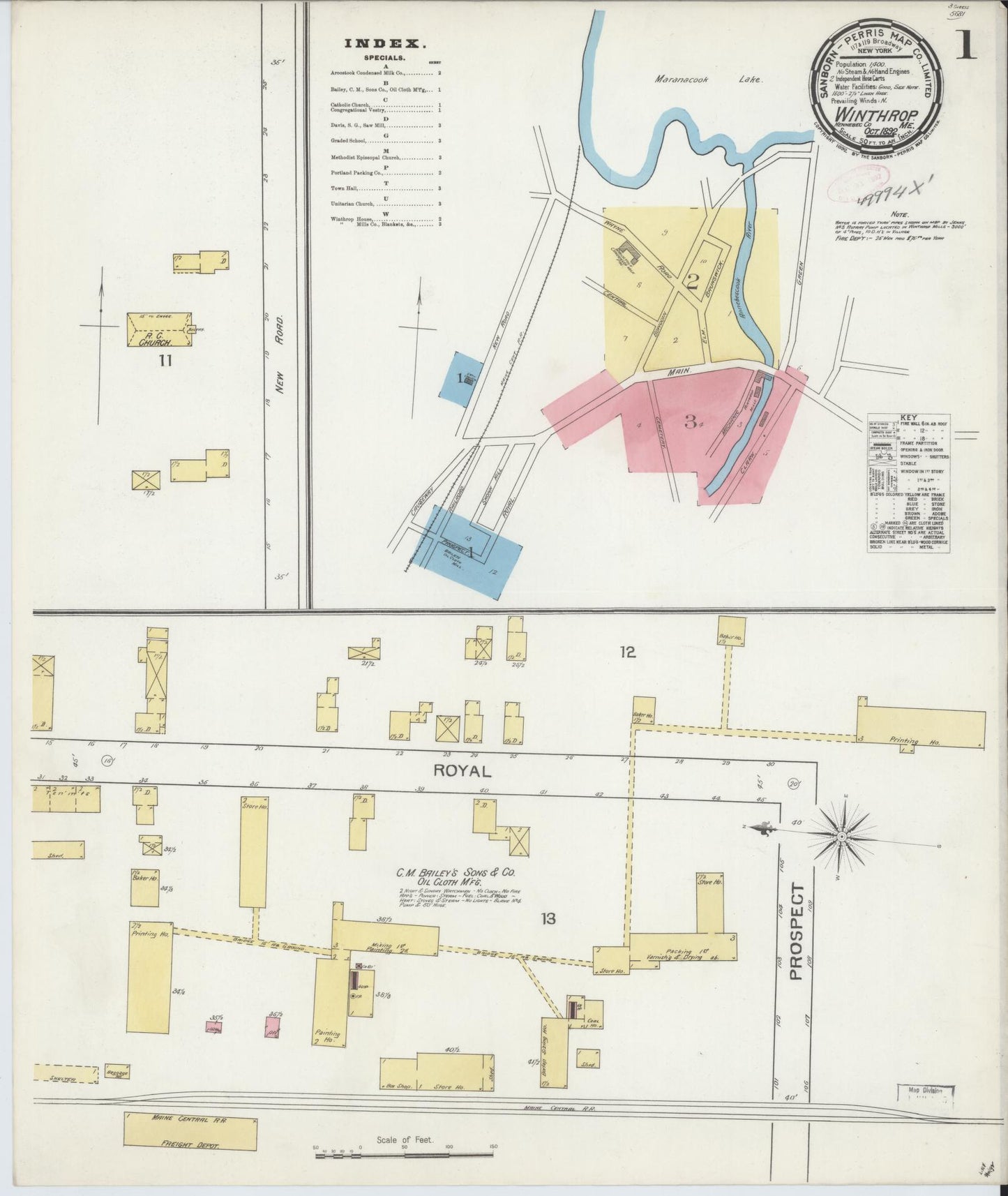 Sanborn Fire Insurance Map from Winthrop, Kennebec County, Maine (1892), Sheet #0001 - Historic Sanborn Fire Insurance Map Print, vintage old map wall art, antique decor, genealogy gift, Maine Maine map
