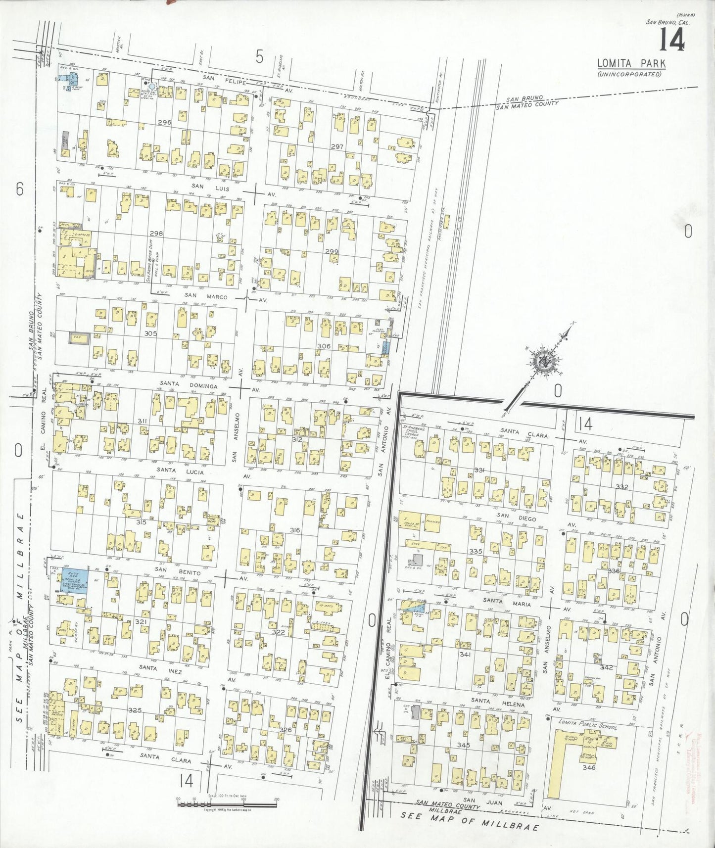 Sanborn Fire Insurance Map from San Bruno, San Mateo County, California (1949), Sheet #0014 - Complete Map Set gallery image, historic Sanborn map, vintage wall art, California California