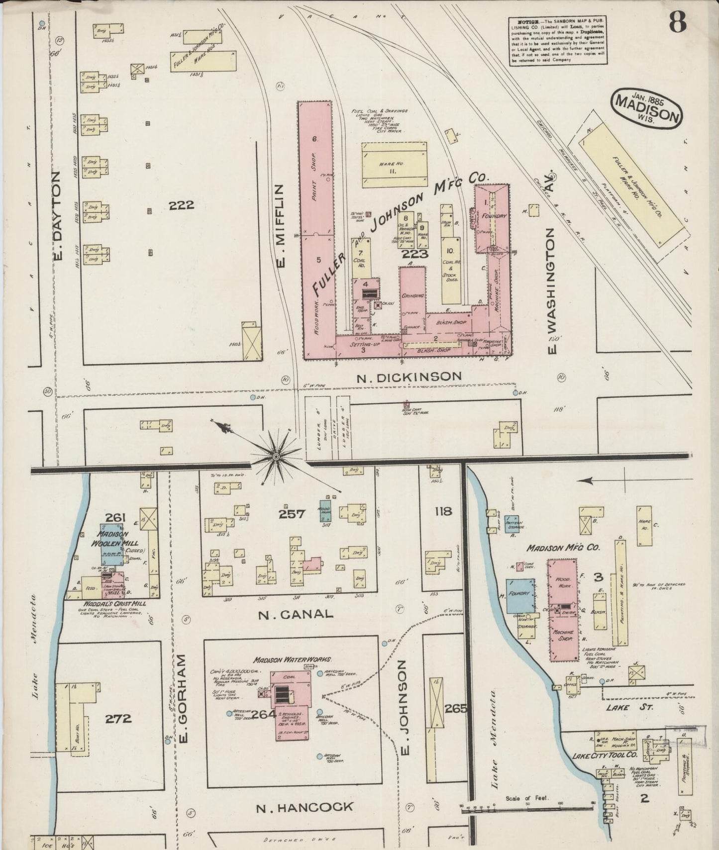 Sanborn Fire Insurance Map from Madison, Dane County, Wisconsin (1885), Sheet #0008 - Historic Sanborn Fire Insurance Map Print, vintage old map wall art, antique decor, genealogy gift, Wisconsin Wisconsin map