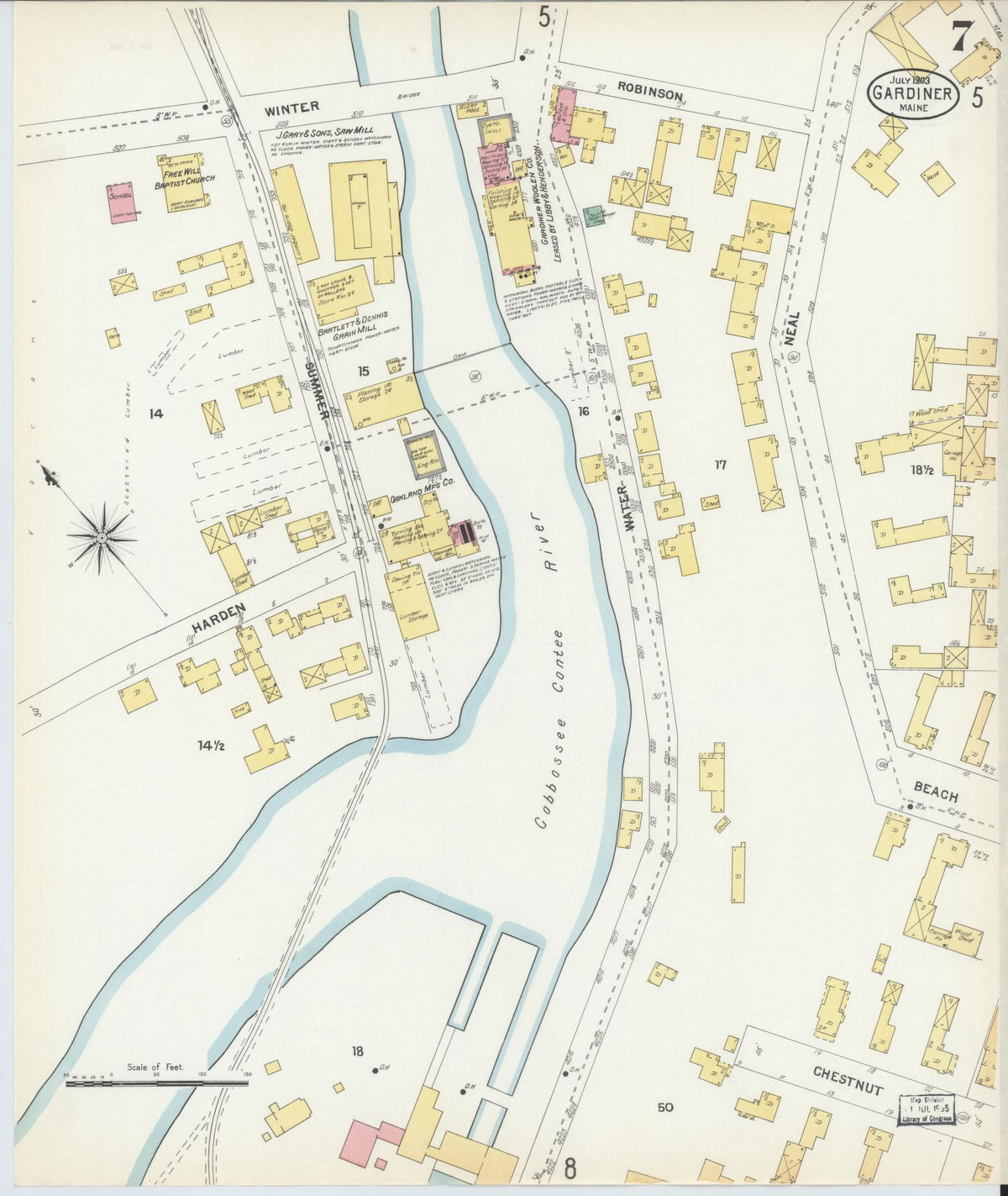 Sanborn Fire Insurance Map from Gardiner, Kennebec County, Maine (1903), Sheet #0007 - Historic Sanborn Fire Insurance Map Print, vintage old map wall art, antique decor, genealogy gift, Maine Maine map