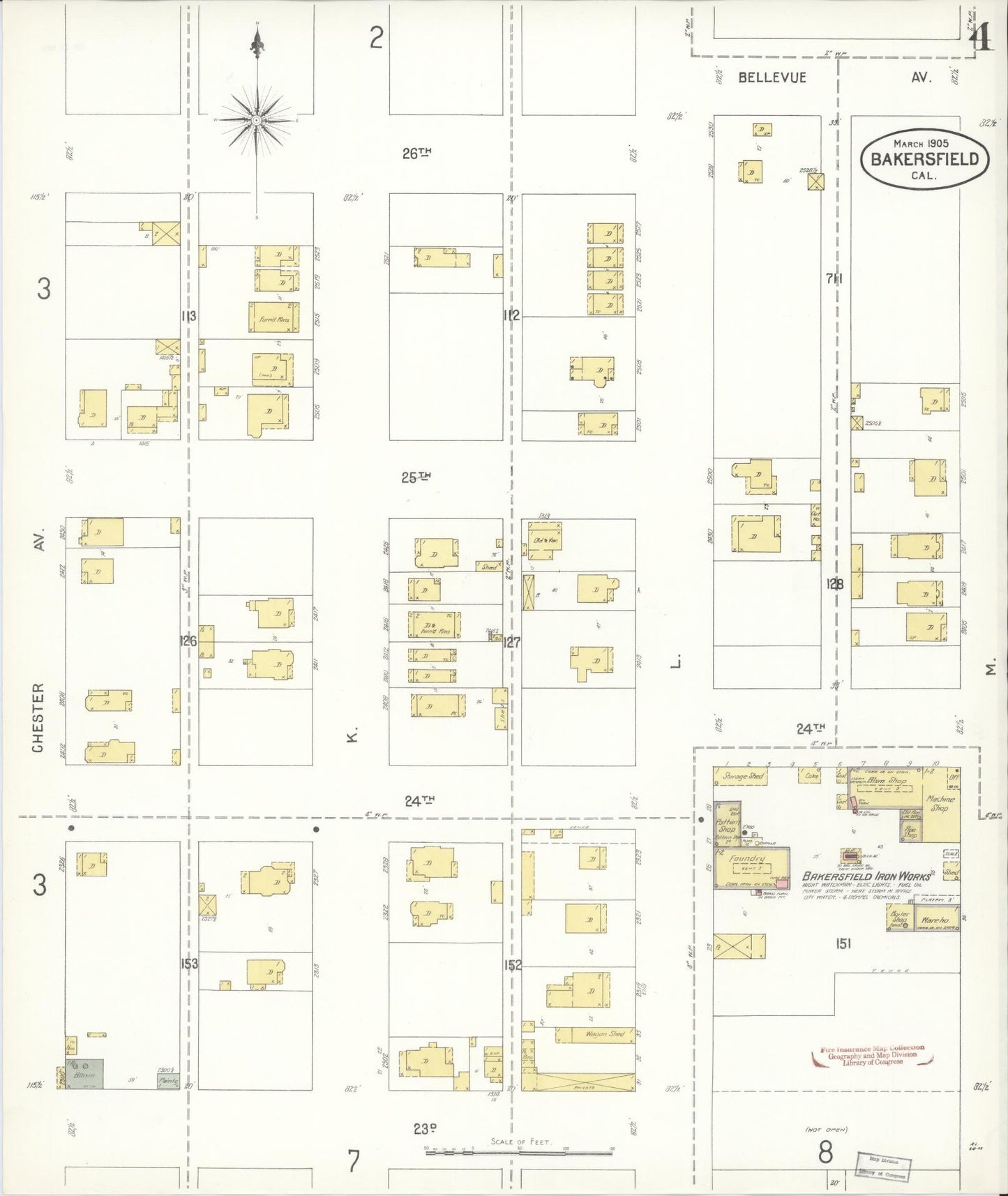 Sanborn Fire Insurance Map from Bakersfield, Kern County, California (1905), Sheet #0004 - Historic Sanborn Fire Insurance Map Print, vintage old map wall art, antique decor, genealogy gift, California California map