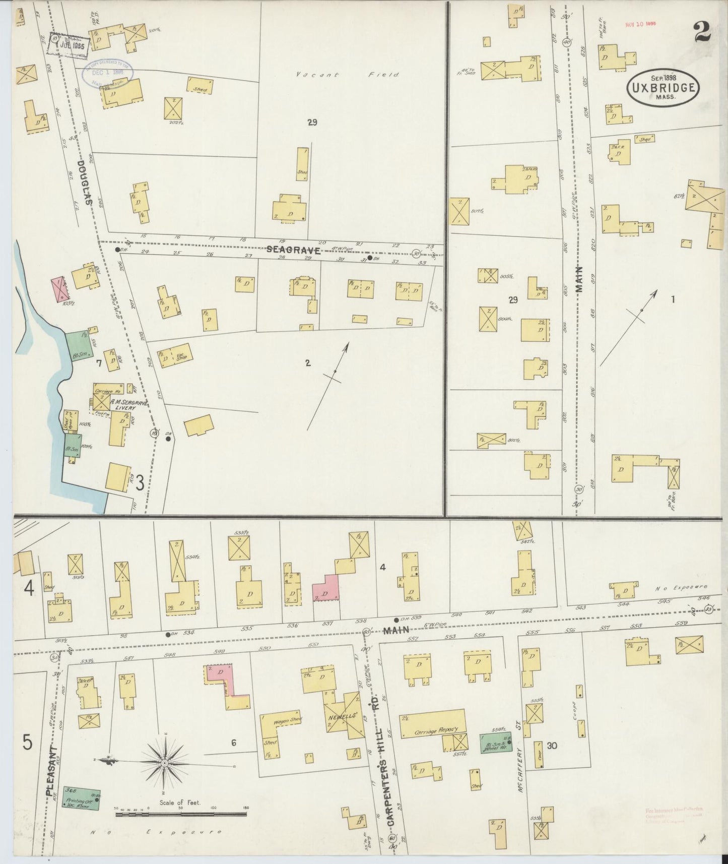 Sanborn Fire Insurance Map from Uxbridge, Worcester County, Massachusetts (1898), Sheet #0002 - Historic Sanborn Fire Insurance Map Print, vintage old map wall art, antique decor, genealogy gift, Massachusetts Massachusetts map