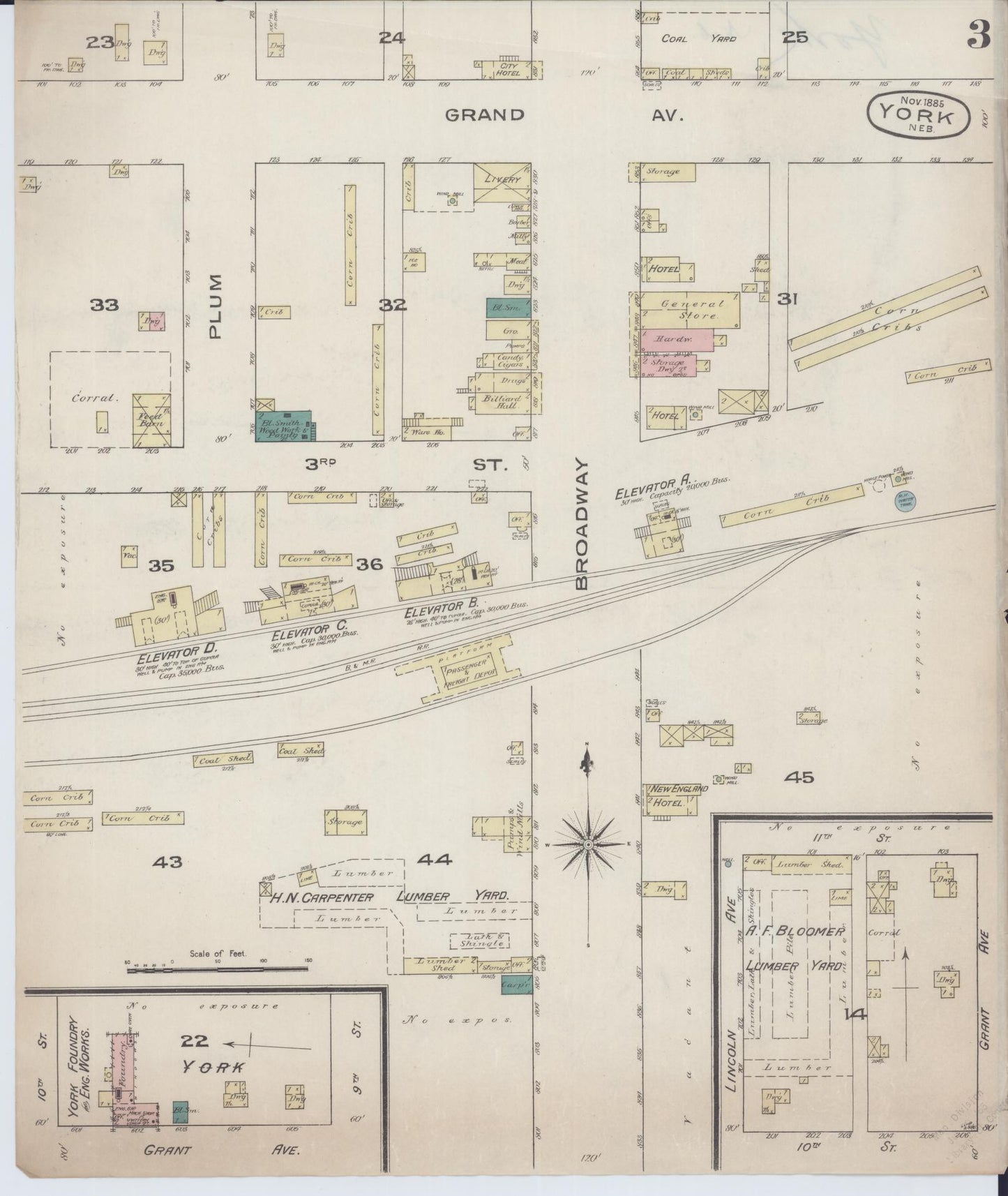 Sanborn Fire Insurance Map from York, York County, Nebraska (1885), Sheet #0003 - Complete Map Set gallery image, historic Sanborn map, vintage wall art, Nebraska Nebraska