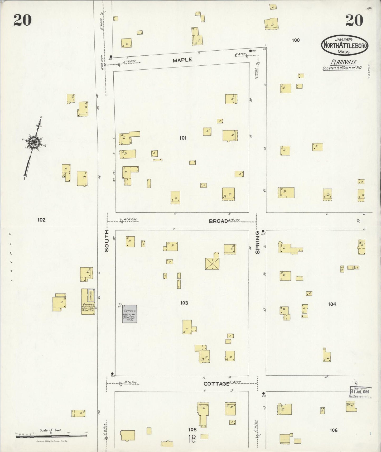 Sanborn Fire Insurance Map from North Attleborough, Bristol County, Massachusetts (1924), Sheet #0020 - Complete Map Set gallery image, historic Sanborn map, vintage wall art, Massachusetts Massachusetts