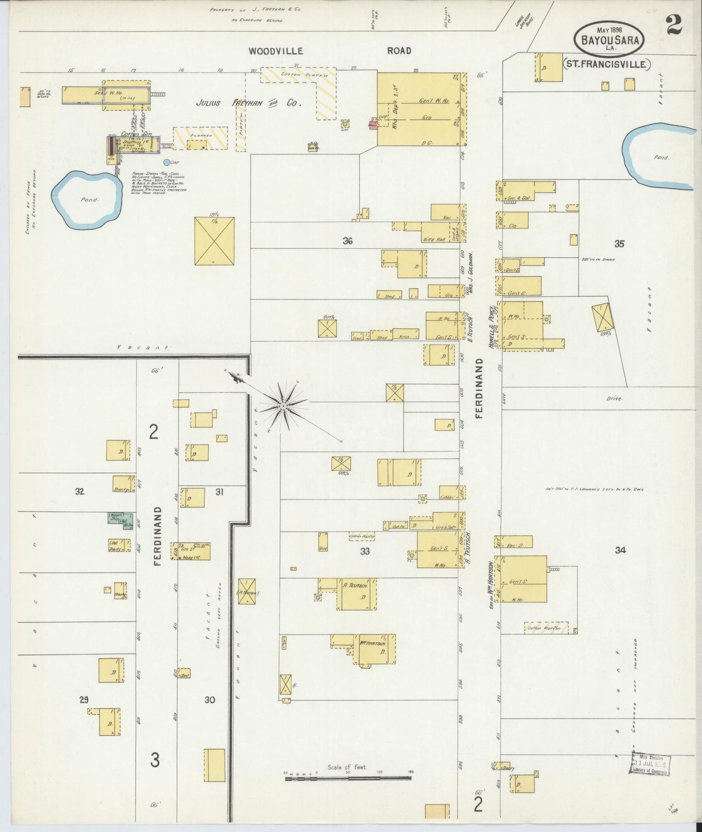 Sanborn Fire Insurance Map from Bayou Sara, West Feliciana Parish, Louisiana (1898), Sheet #0002 - Historic Sanborn Fire Insurance Map Print, vintage old map wall art, antique decor, genealogy gift, Louisiana Louisiana map
