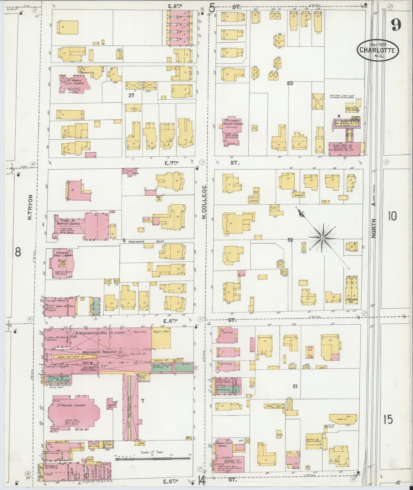 Sanborn Fire Insurance Map from Charlotte, Mecklenburg County, North Carolina (1905), Sheet #0009 - Historic Sanborn Fire Insurance Map Print, vintage old map wall art, antique decor, genealogy gift, North Carolina North Carolina map