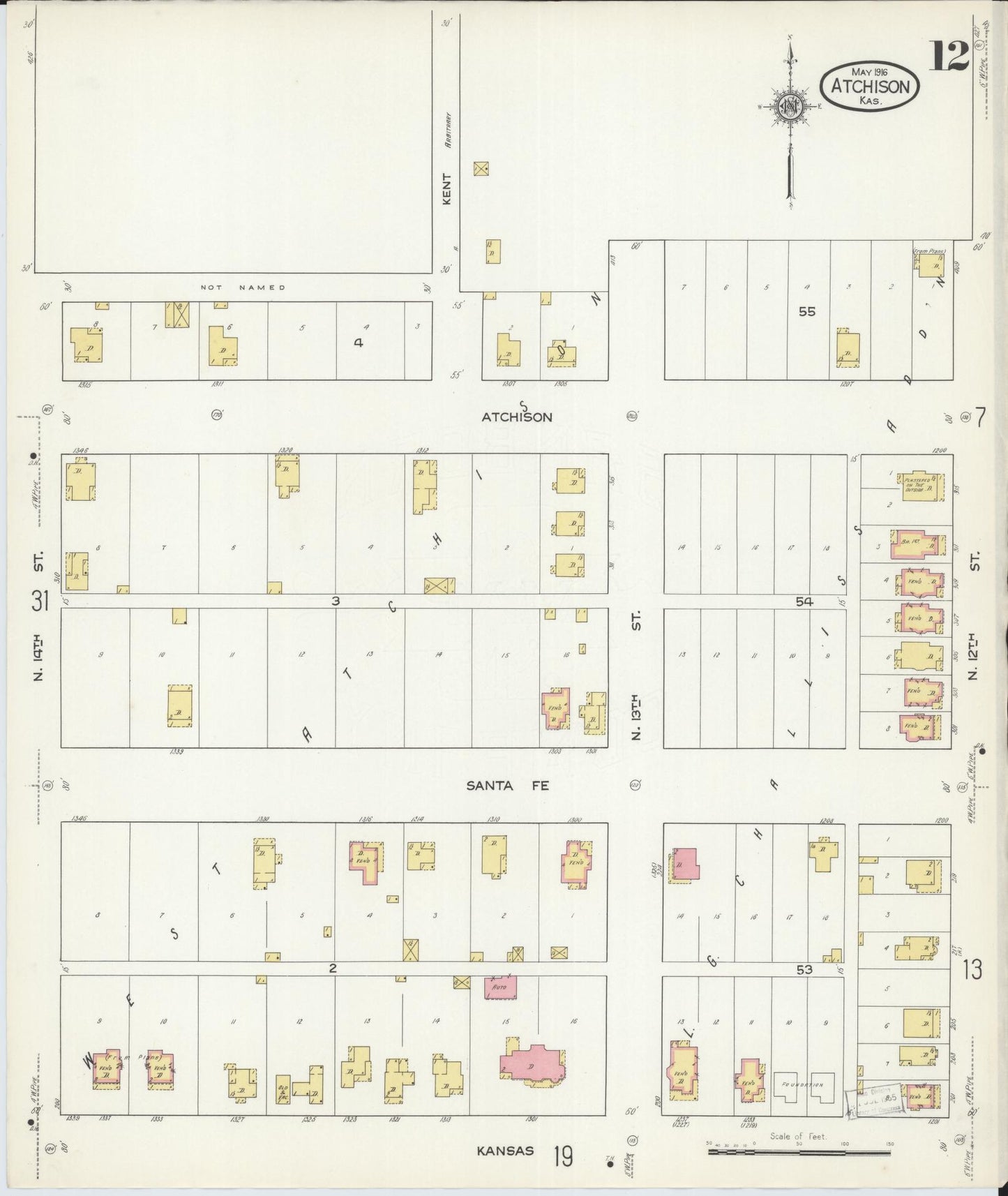 Sanborn Fire Insurance Map from Atchison, Atchison County, Kansas (1916), Sheet #0012 - Historic Sanborn Fire Insurance Map Print, vintage old map wall art, antique decor, genealogy gift, Kansas Kansas map