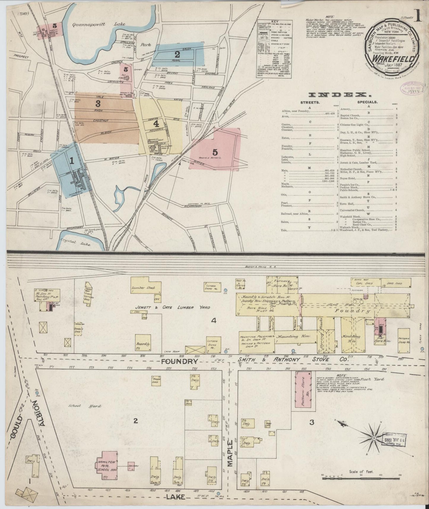 Sanborn Fire Insurance Map from Wakefield, Middlesex County, Massachusetts (1887), Sheet #0001 - Historic Sanborn Fire Insurance Map Print, vintage old map wall art, antique decor, genealogy gift, Massachusetts Massachusetts map
