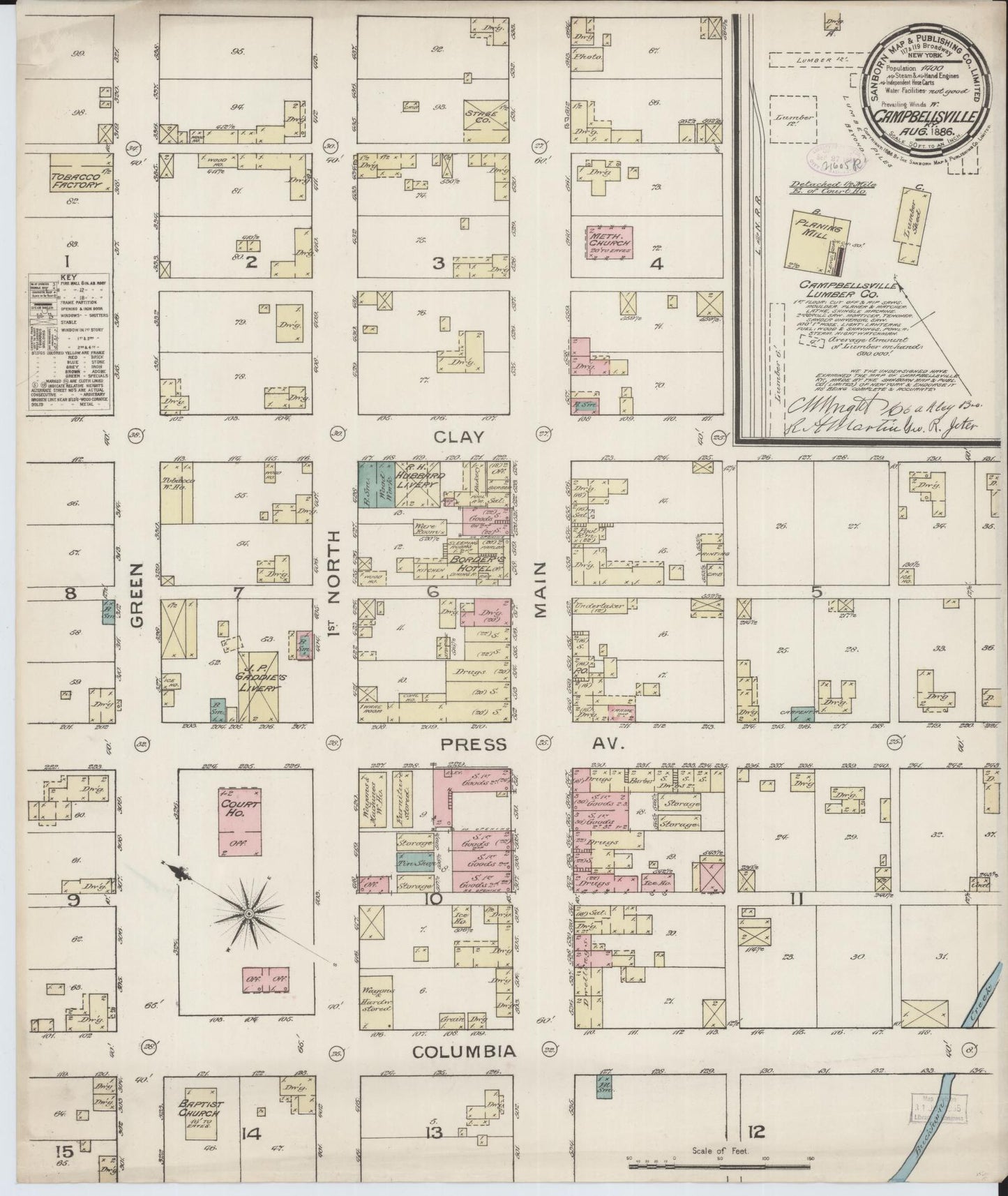 Sanborn Fire Insurance Map from Campbellsville, Taylor County, Kentucky (1886), Sheet #0001 - Historic Sanborn Fire Insurance Map Print, vintage old map wall art, antique decor, genealogy gift, Kentucky Kentucky map