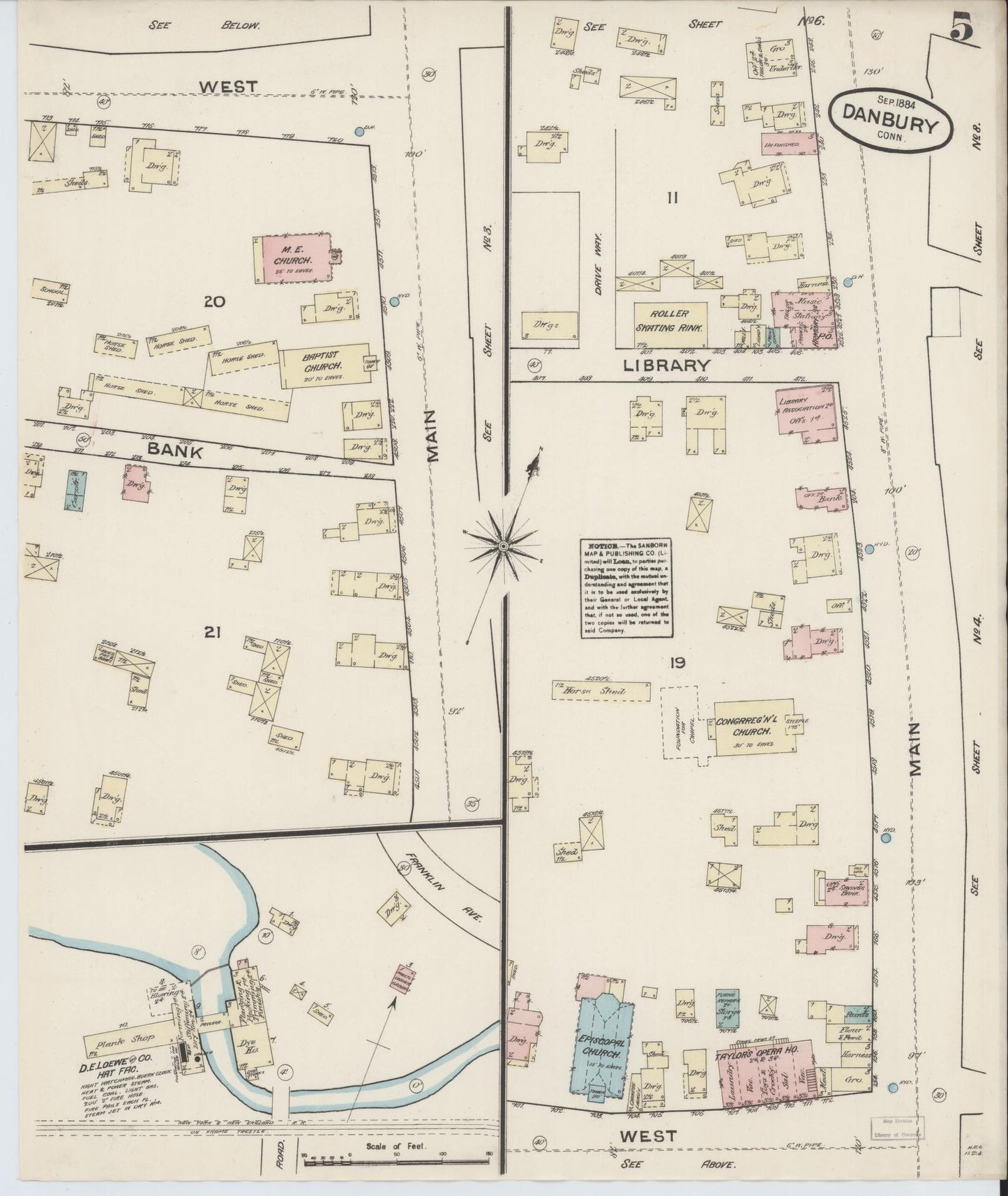 Sanborn Fire Insurance Map from Danbury, Fairfield County, Connecticut (1884), Sheet #0005 - Historic Sanborn Fire Insurance Map Print, vintage old map wall art, antique decor, genealogy gift, Connecticut Connecticut map