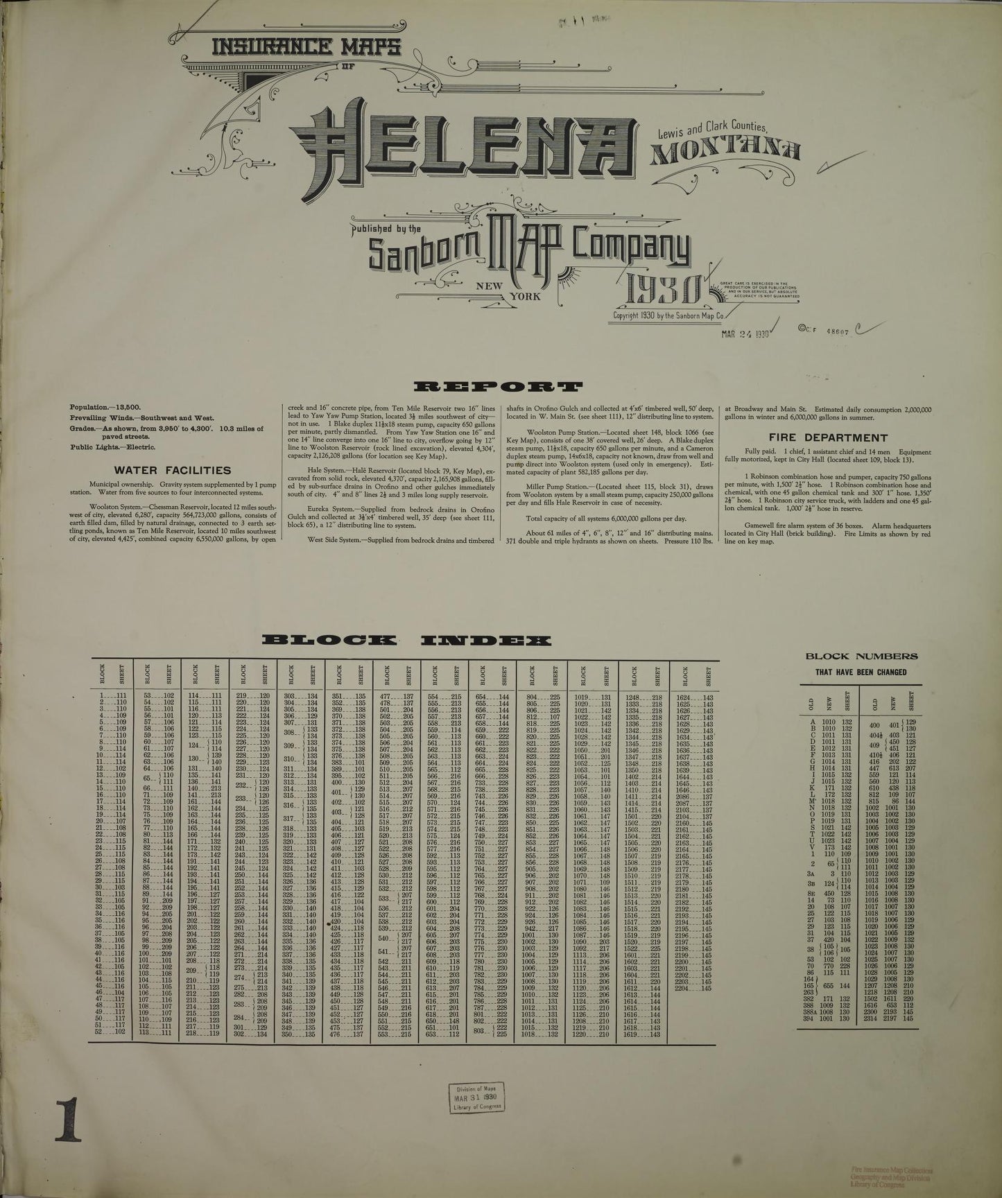 Sanborn Fire Insurance Map from Helena, Lewis and Clark County, Montana (1930), Sheet #0001 - Historic Sanborn Fire Insurance Map Print, vintage old map wall art, antique decor, genealogy gift, Montana Montana map