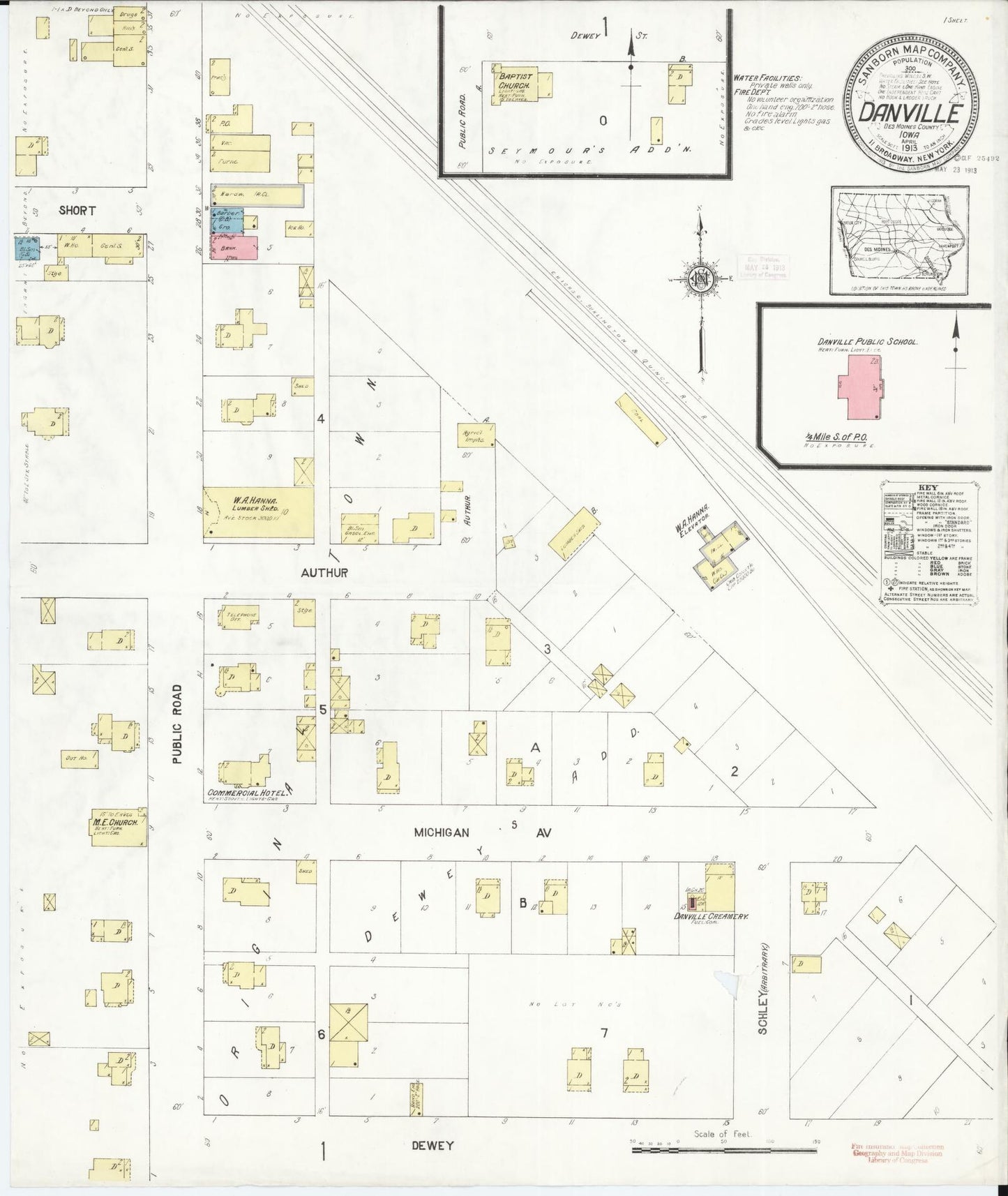 Sanborn Fire Insurance Map from Danville, Des Moines County, Iowa (1913), Sheet #0001 - Historic Sanborn Fire Insurance Map Print, vintage old map wall art