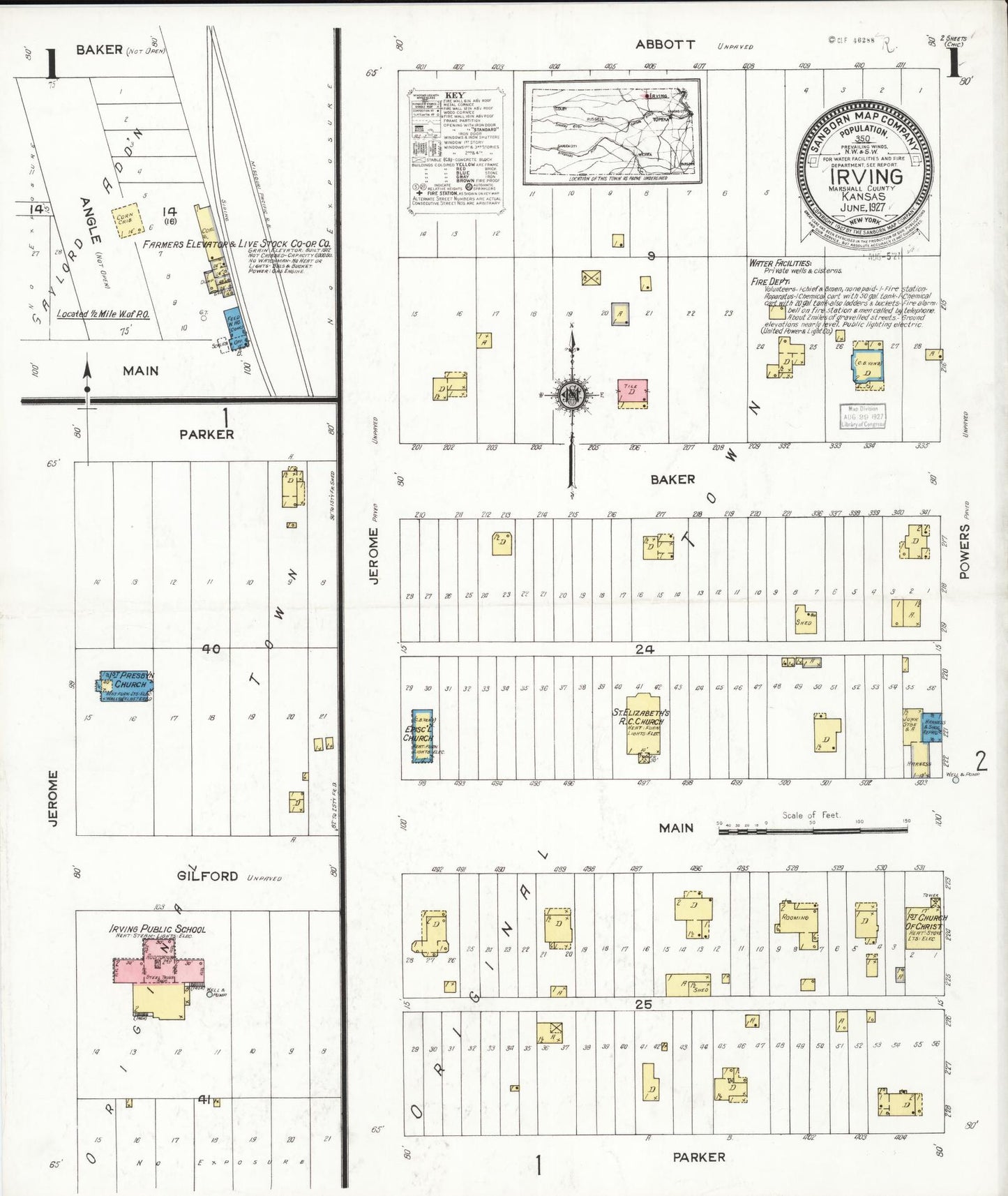 Sanborn Fire Insurance Map from Irving, Marshall County, Kansas (1927), Sheet #0001 - Historic Sanborn Fire Insurance Map Print, vintage old map wall art, antique decor, genealogy gift, Kansas Kansas map
