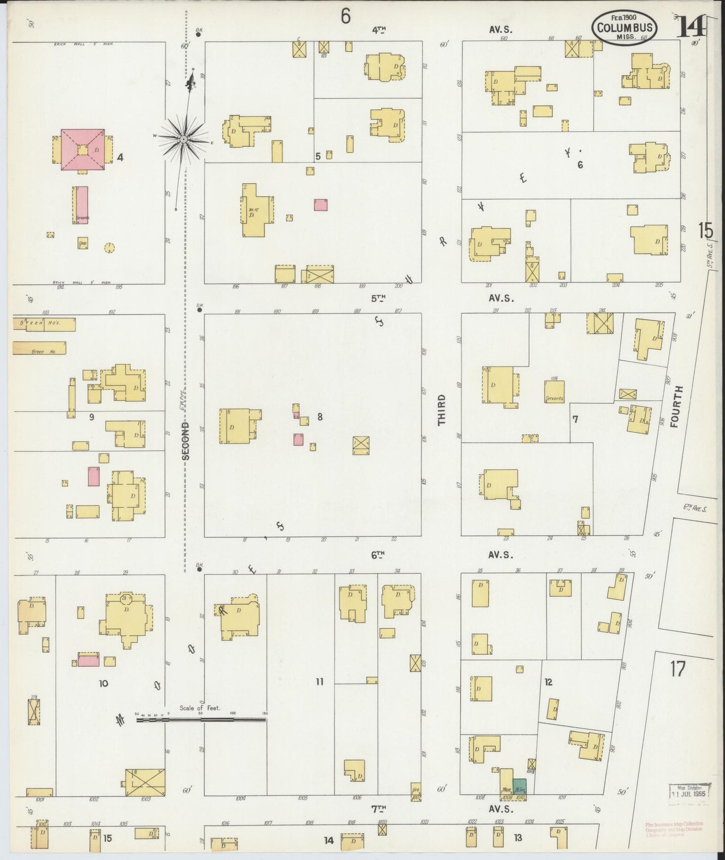 Sanborn Fire Insurance Map from Columbus, Lowndes County, Mississippi (1900), Sheet #0014 - Historic Sanborn Fire Insurance Map Print, vintage old map wall art, antique decor, genealogy gift, Mississippi Mississippi map