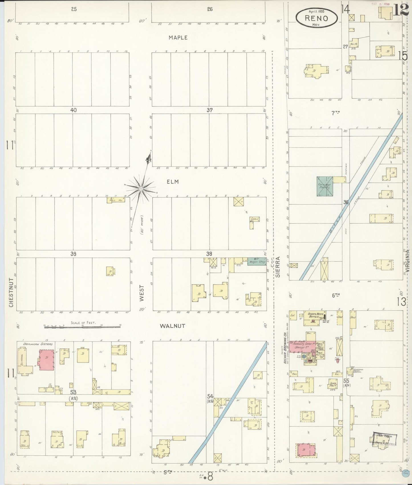 Sanborn Fire Insurance Map from Reno, Washoe County, Nevada (1899), Sheet #0012 - Historic Sanborn Fire Insurance Map Print, vintage old map wall art, antique decor, genealogy gift, Nevada Nevada map