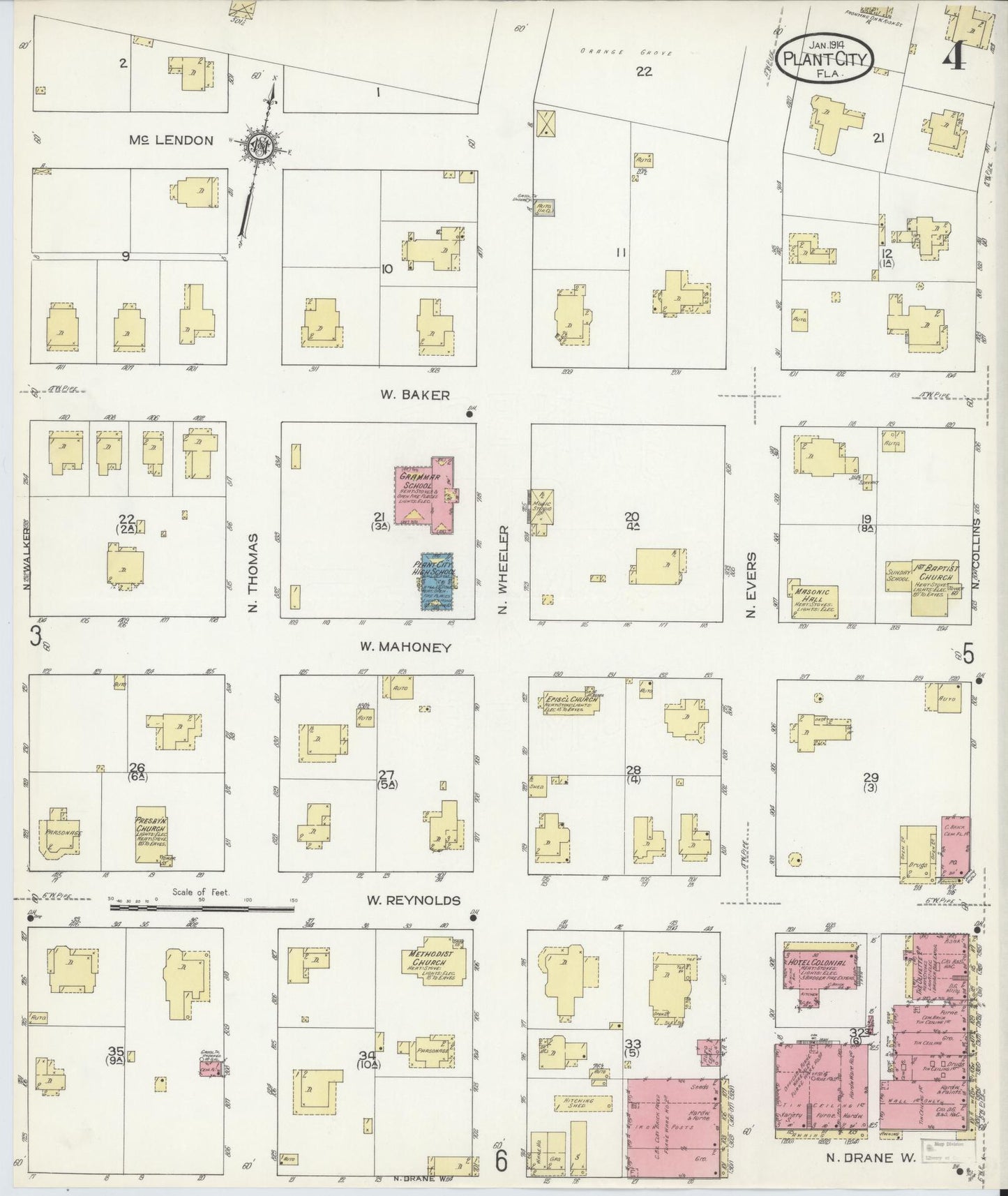 Sanborn Fire Insurance Map from Plant City, Hillborough County, Florida (1914), Sheet #0004 - Historic Sanborn Fire Insurance Map Print, vintage old map wall art, antique decor, genealogy gift, Florida Florida map
