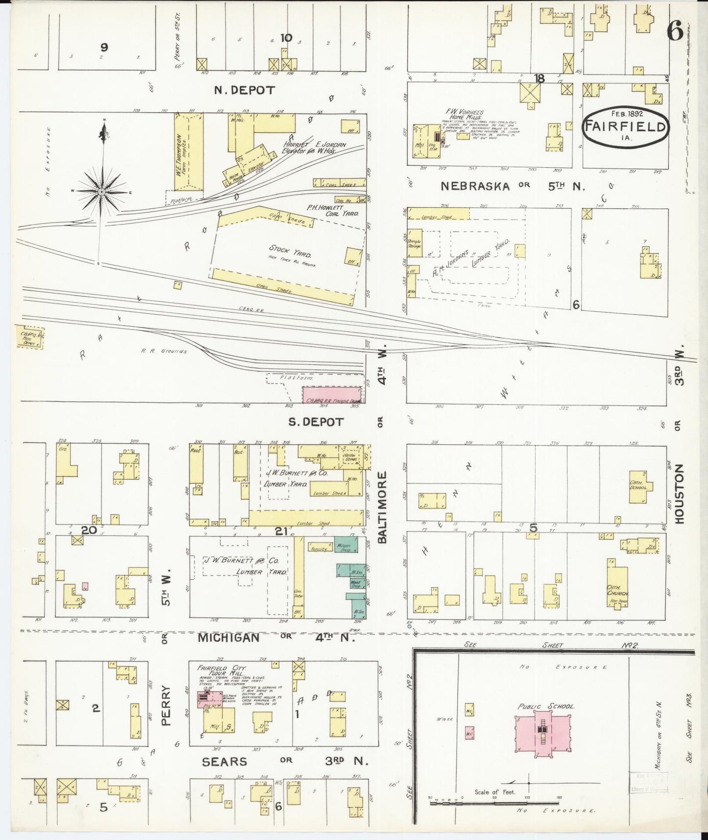 Sanborn Fire Insurance Map from Fairfield, Jefferson County, Iowa (1892), Sheet #0006 - Historic Sanborn Fire Insurance Map Print, vintage old map wall art