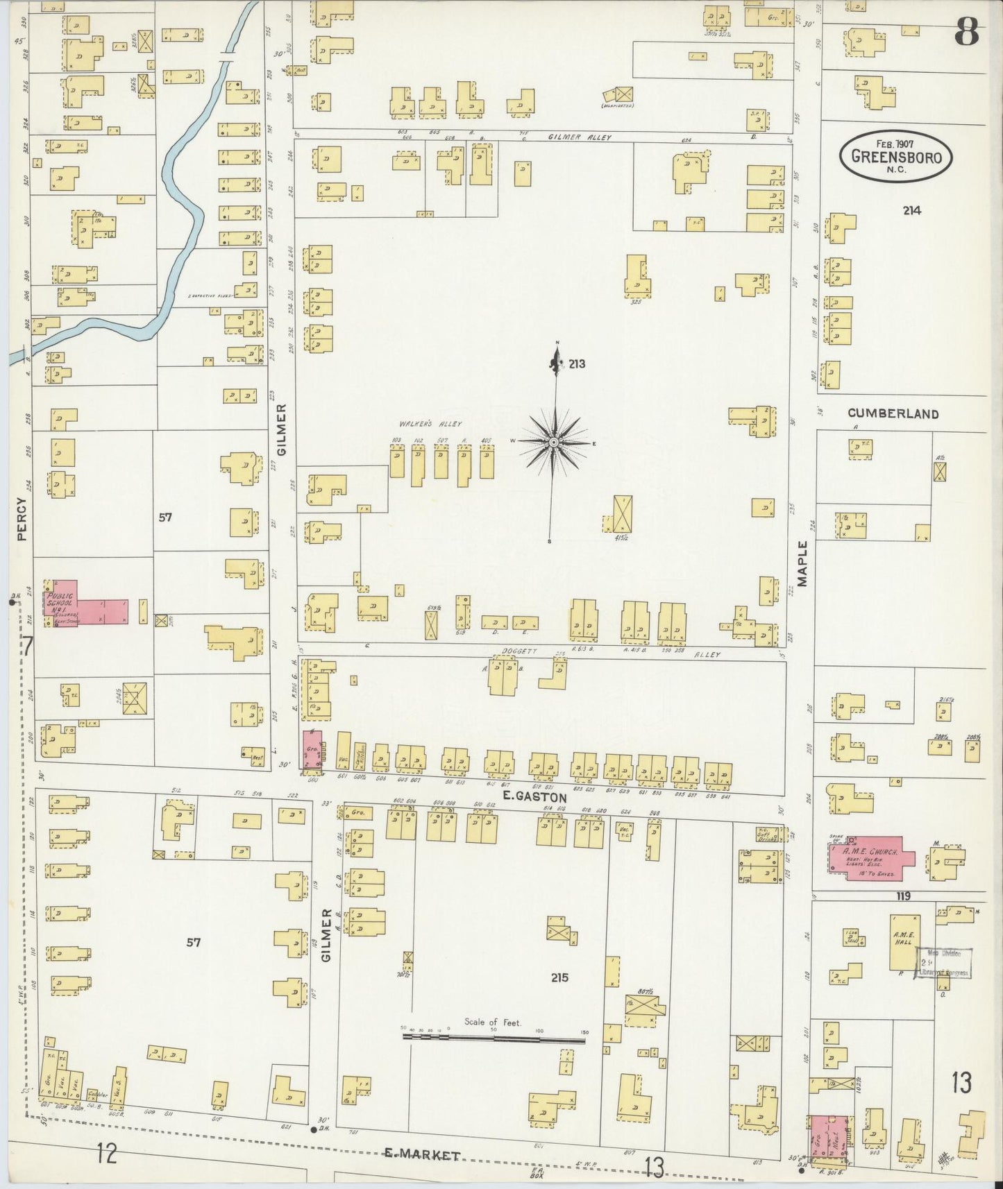 Sanborn Fire Insurance Map from Greensboro, Guilford County, North Carolina (1907), Sheet #0008 - Historic Sanborn Fire Insurance Map Print, vintage old map wall art, antique decor, genealogy gift, North Carolina North Carolina map