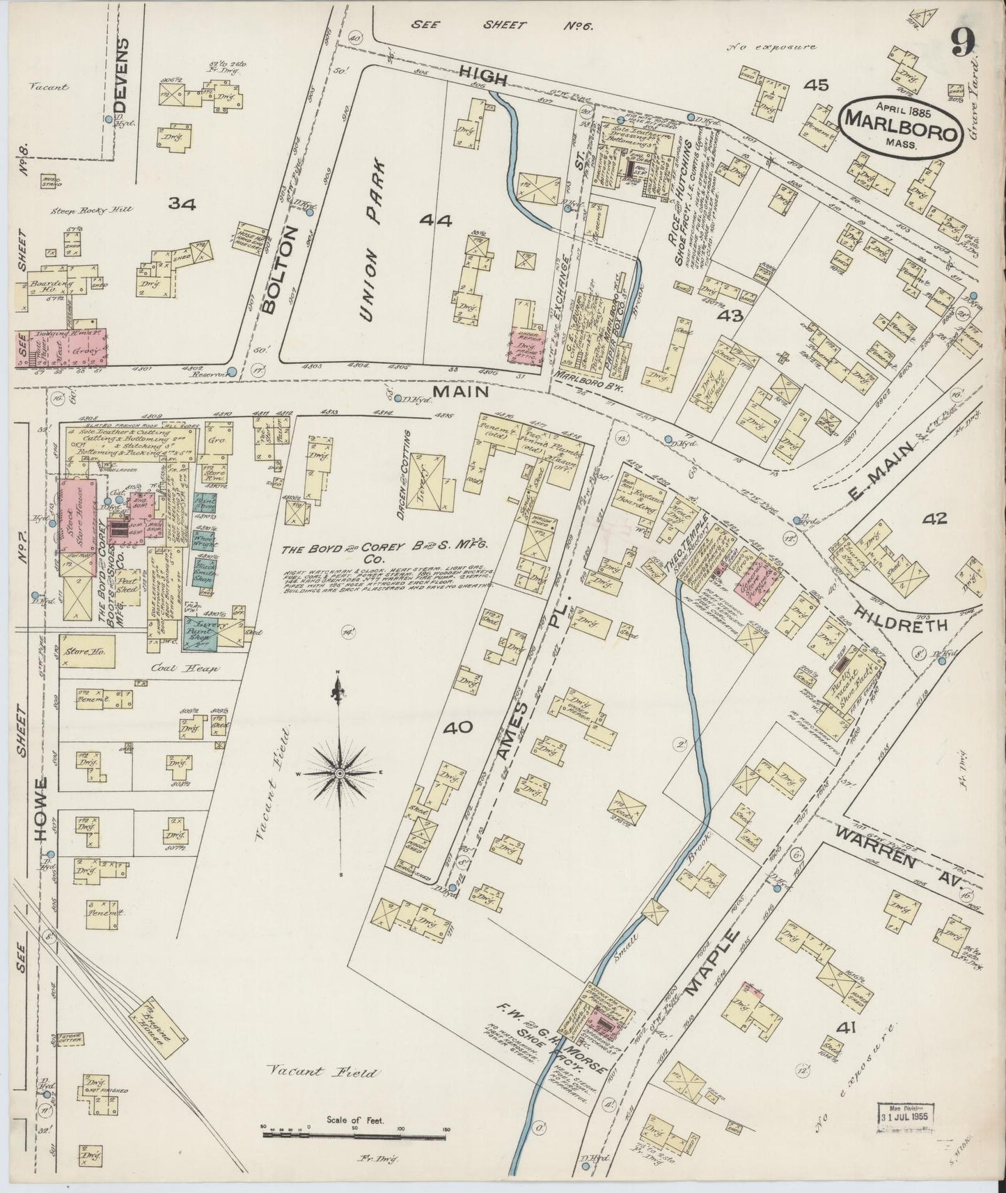 Sanborn Fire Insurance Map from Marlborough, Middlesex County, Massachusetts (1885), Sheet #0009 - Complete Map Set gallery image, historic Sanborn map, vintage wall art, Massachusetts Massachusetts