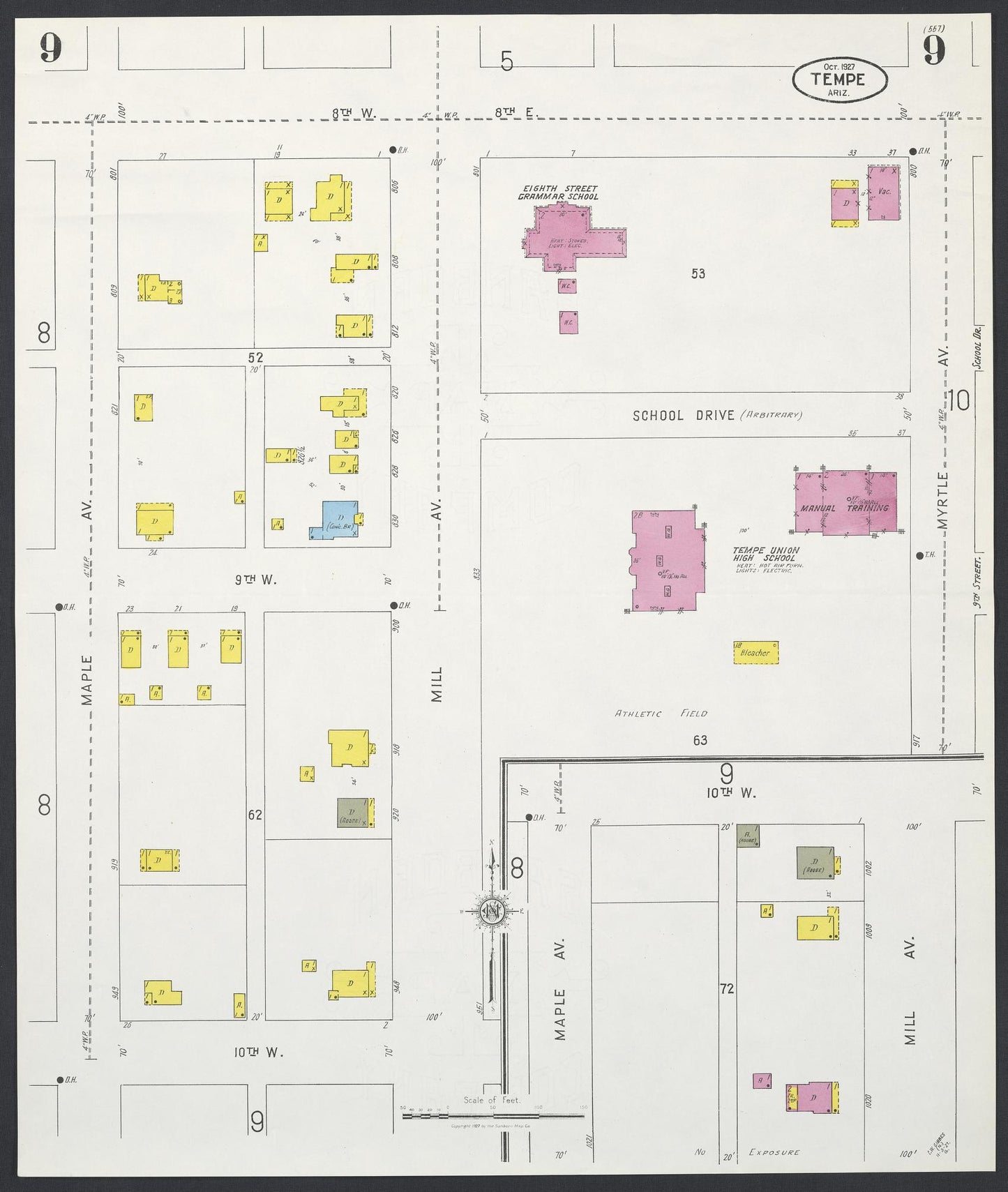 Sanborn Fire Insurance Map from Tempe, Maricopa County, Arizona (1927), Sheet #0009 - Historic Sanborn Fire Insurance Map Print, vintage old map wall art, antique decor, genealogy gift, Arizona Arizona map