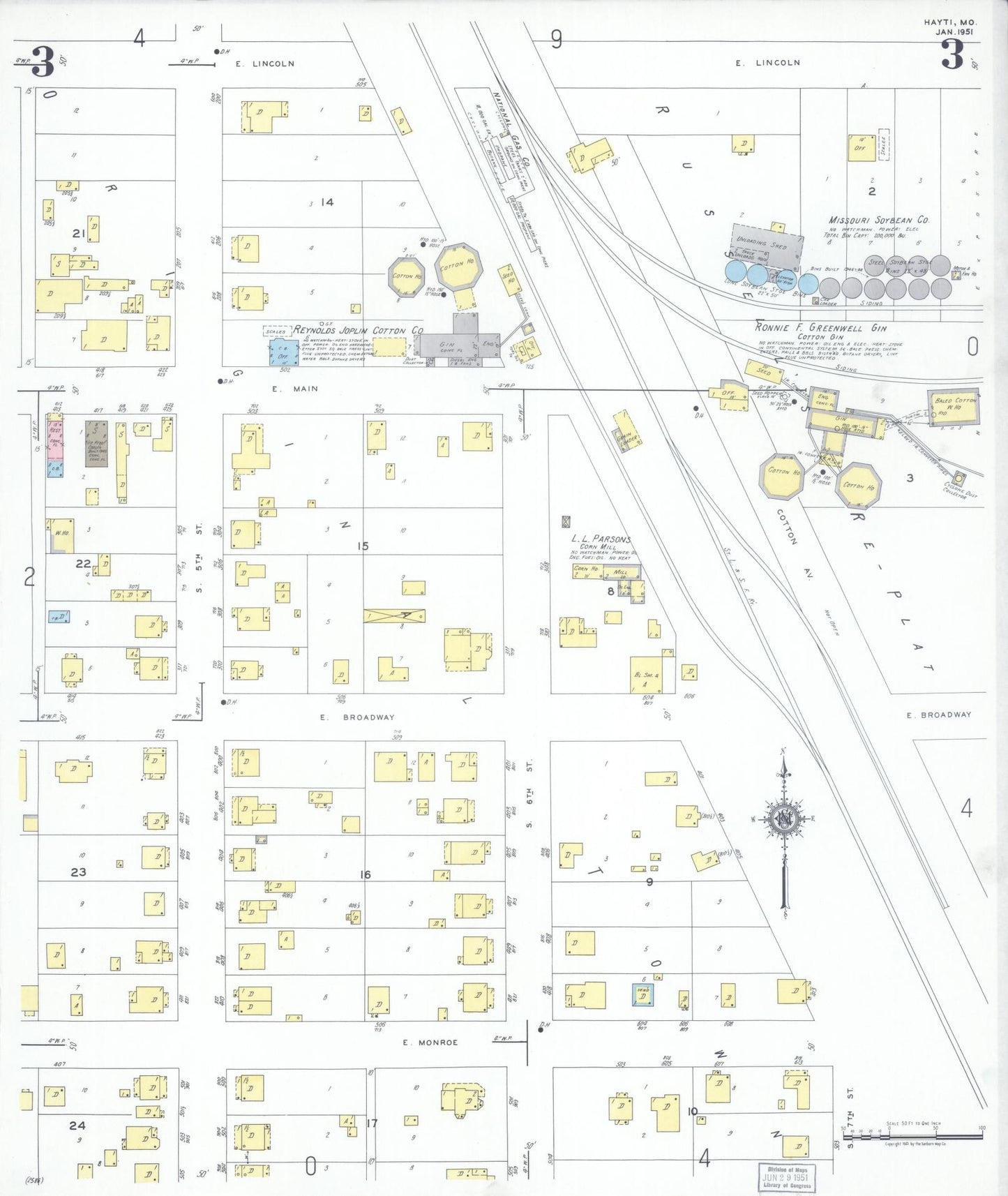 Sanborn Fire Insurance Map from Hayti, Pemiscot County, Missouri (1951), Sheet #0003 - Historic Sanborn Fire Insurance Map Print, vintage old map wall art, antique decor, genealogy gift, Missouri Missouri map