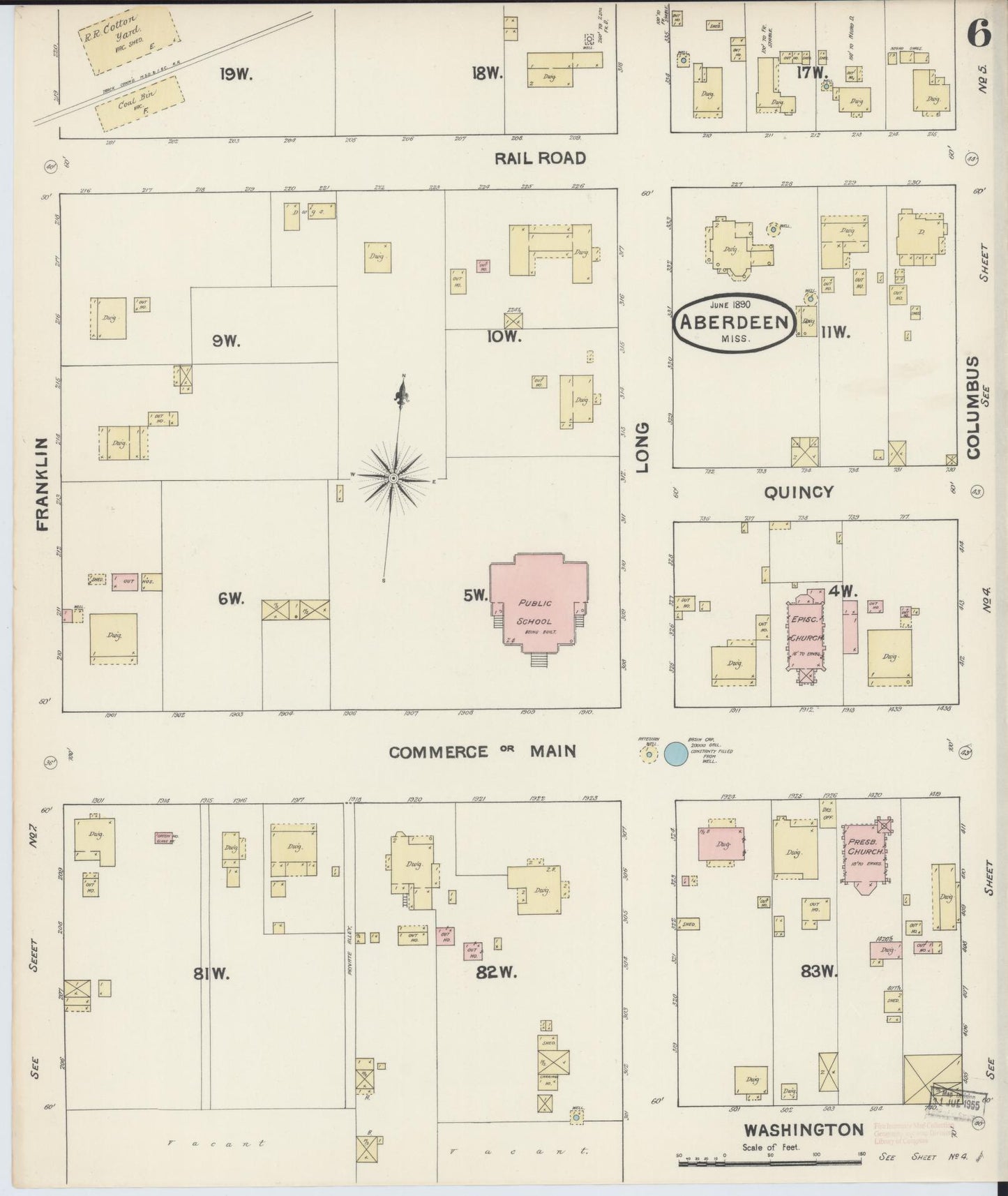 Sanborn Fire Insurance Map from Aberdeen, Monroe County, Mississippi (1890), Sheet #0006 - Historic Sanborn Fire Insurance Map Print, vintage old map wall art, antique decor, genealogy gift, Mississippi Mississippi map