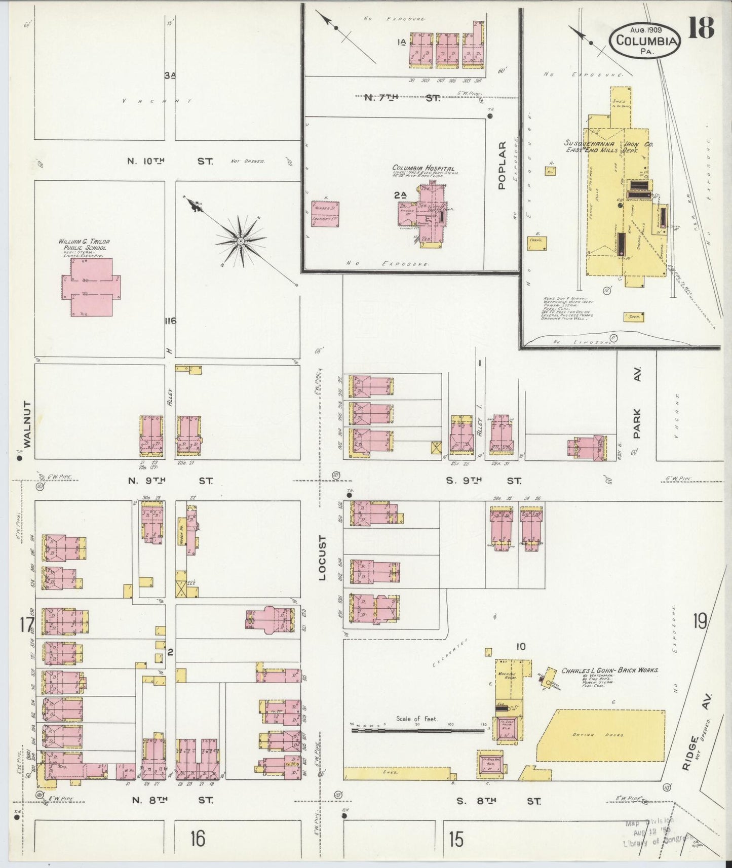 Sanborn Fire Insurance Map from Columbia, Lancaster County, Pennsylvania (1909), Sheet #0018 - Historic Sanborn Fire Insurance Map Print, vintage old map wall art, antique decor, genealogy gift, Pennsylvania Pennsylvania map
