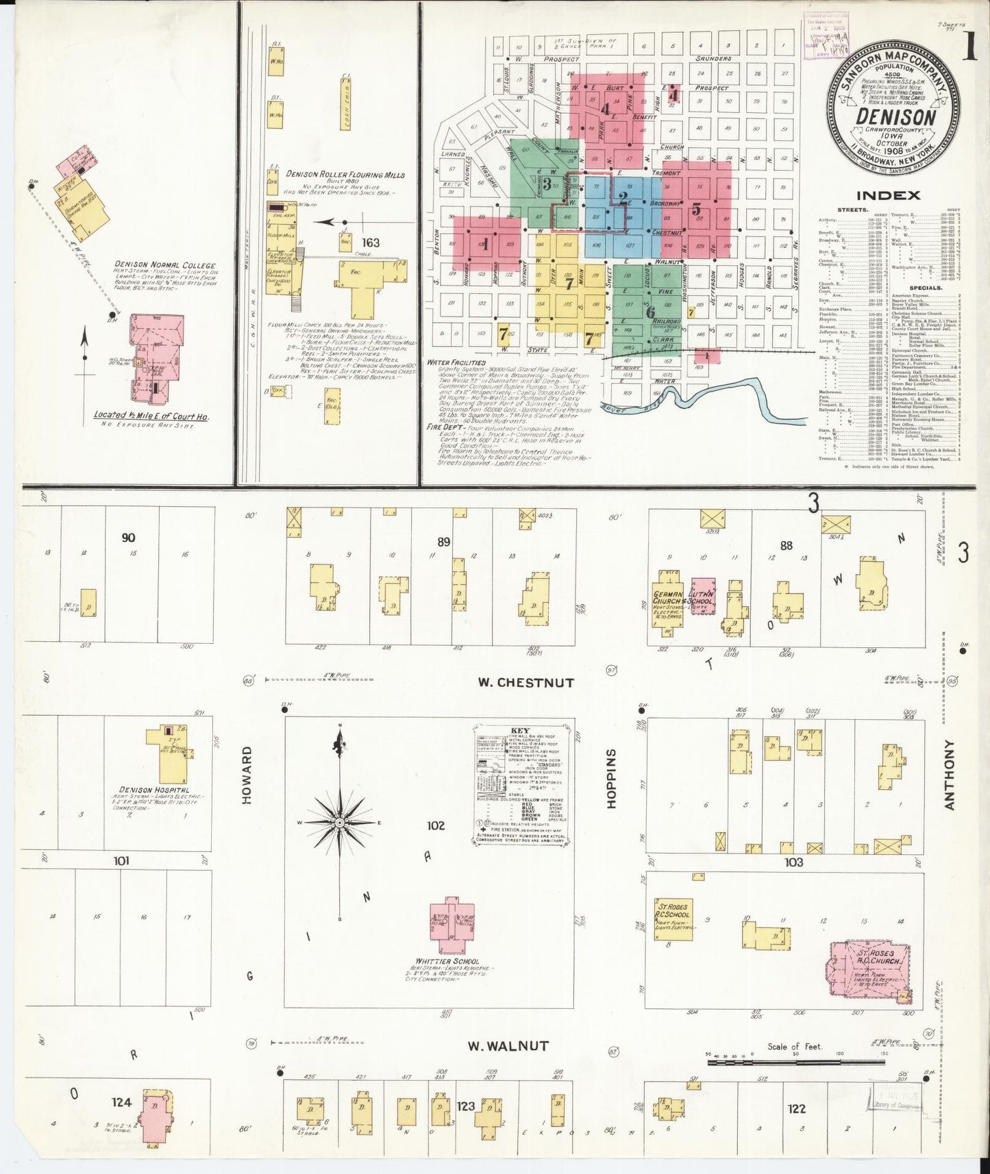 Sanborn Fire Insurance Map from Denison, Crawford County, Iowa (1908), Sheet #0001 - Historic Sanborn Fire Insurance Map Print, vintage old map wall art