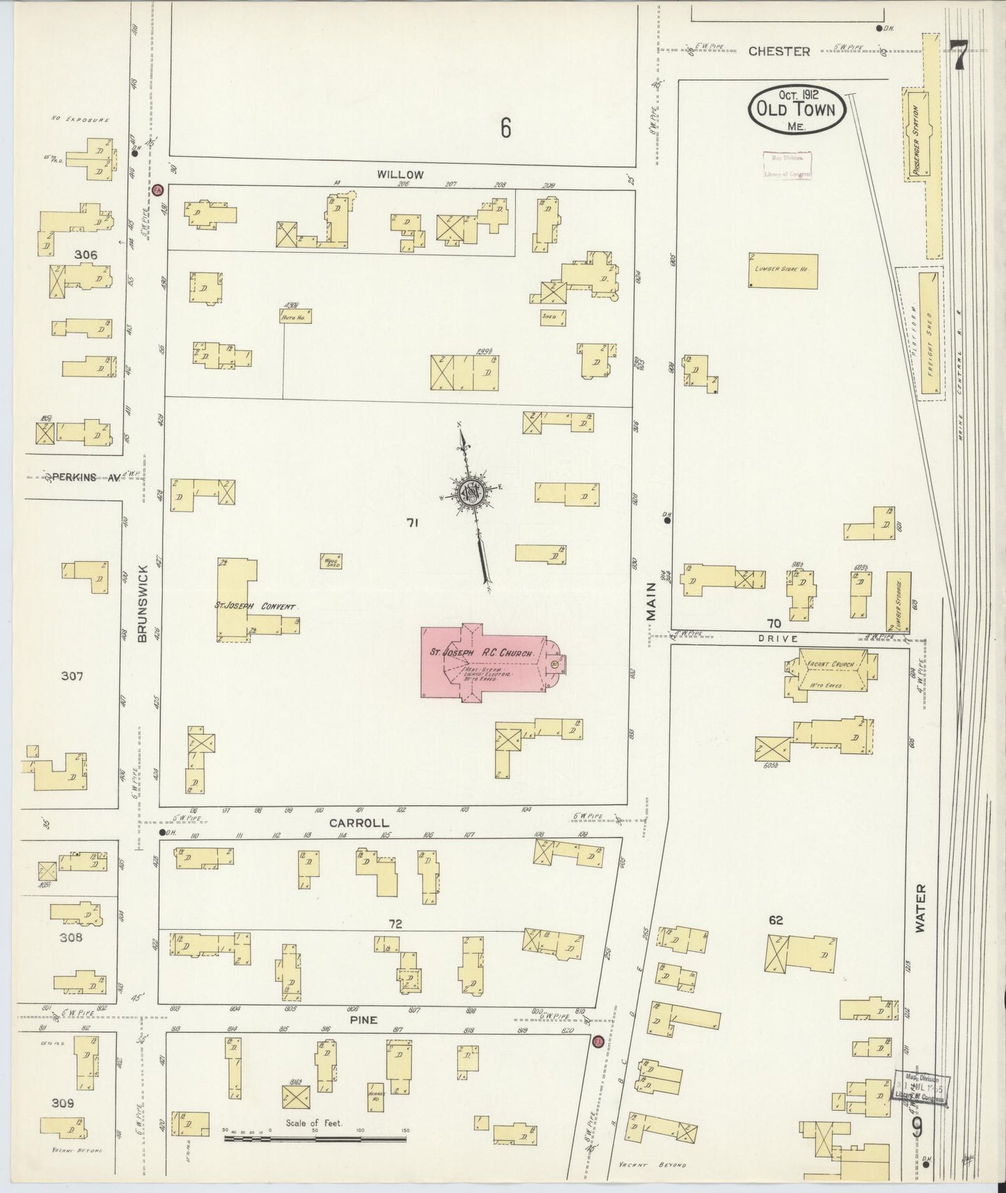 Sanborn Fire Insurance Map from Old Town, Penobscot County, Maine (1912), Sheet #0007 - Historic Sanborn Fire Insurance Map Print, vintage old map wall art, antique decor, genealogy gift, Maine Maine map