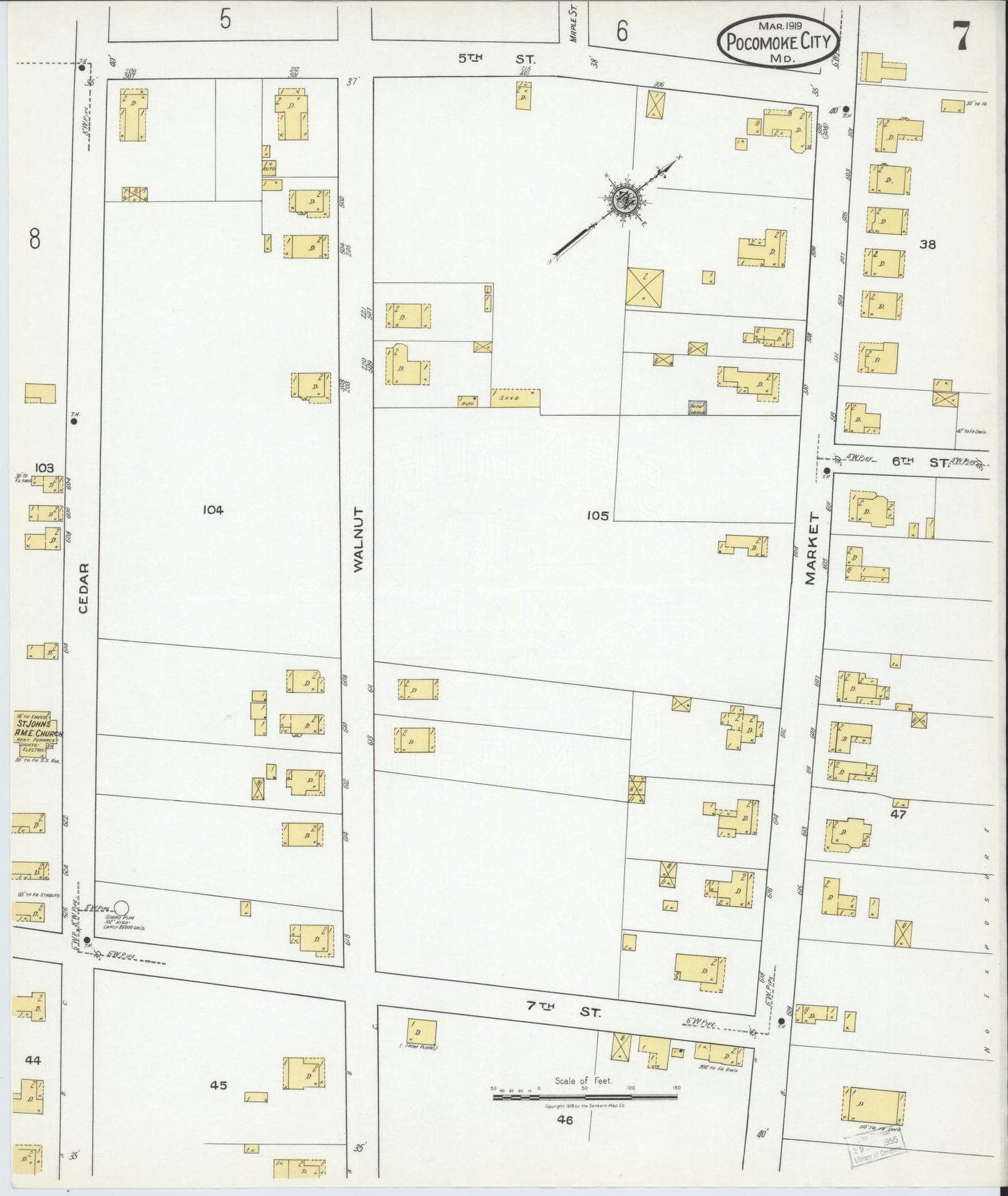 Sanborn Fire Insurance Map from Pocomoke City, Worcester County, Maryland (1919), Sheet #0007 - Historic Sanborn Fire Insurance Map Print, vintage old map wall art
