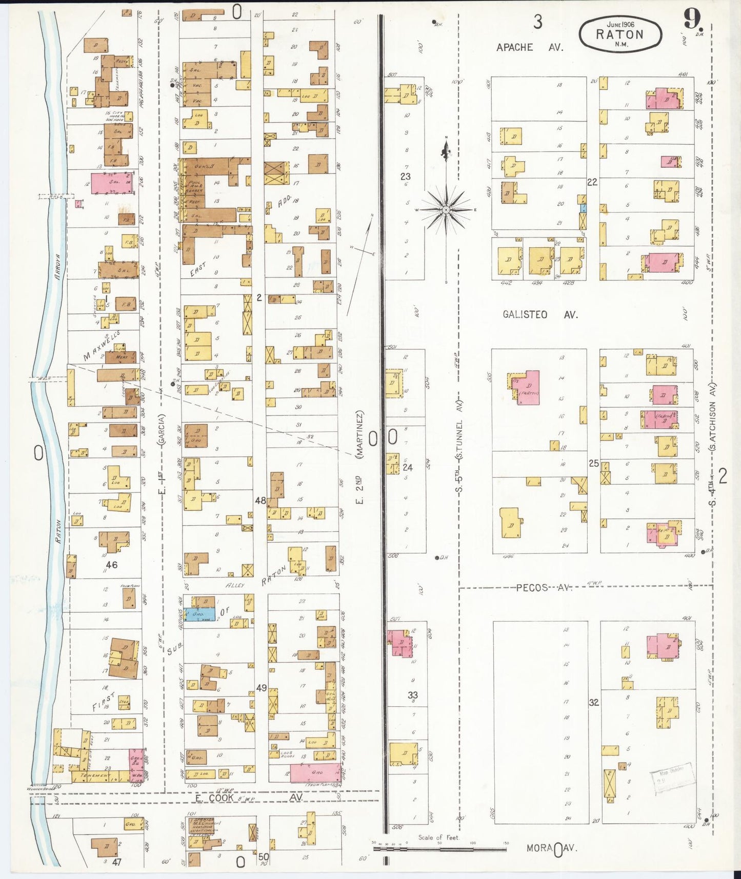 Sanborn Fire Insurance Map from Raton, Colfax County, New Mexico (1906), Sheet #0009 - Complete Map Set gallery image, historic Sanborn map, vintage wall art, New Mexico New Mexico