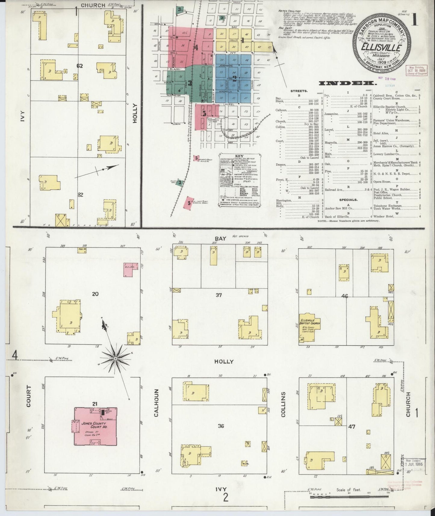 Sanborn Fire Insurance Map from Ellisville, Jones County, Mississippi (1909), Sheet #0001 - Historic Sanborn Fire Insurance Map Print, vintage old map wall art, antique decor, genealogy gift, Mississippi Mississippi map