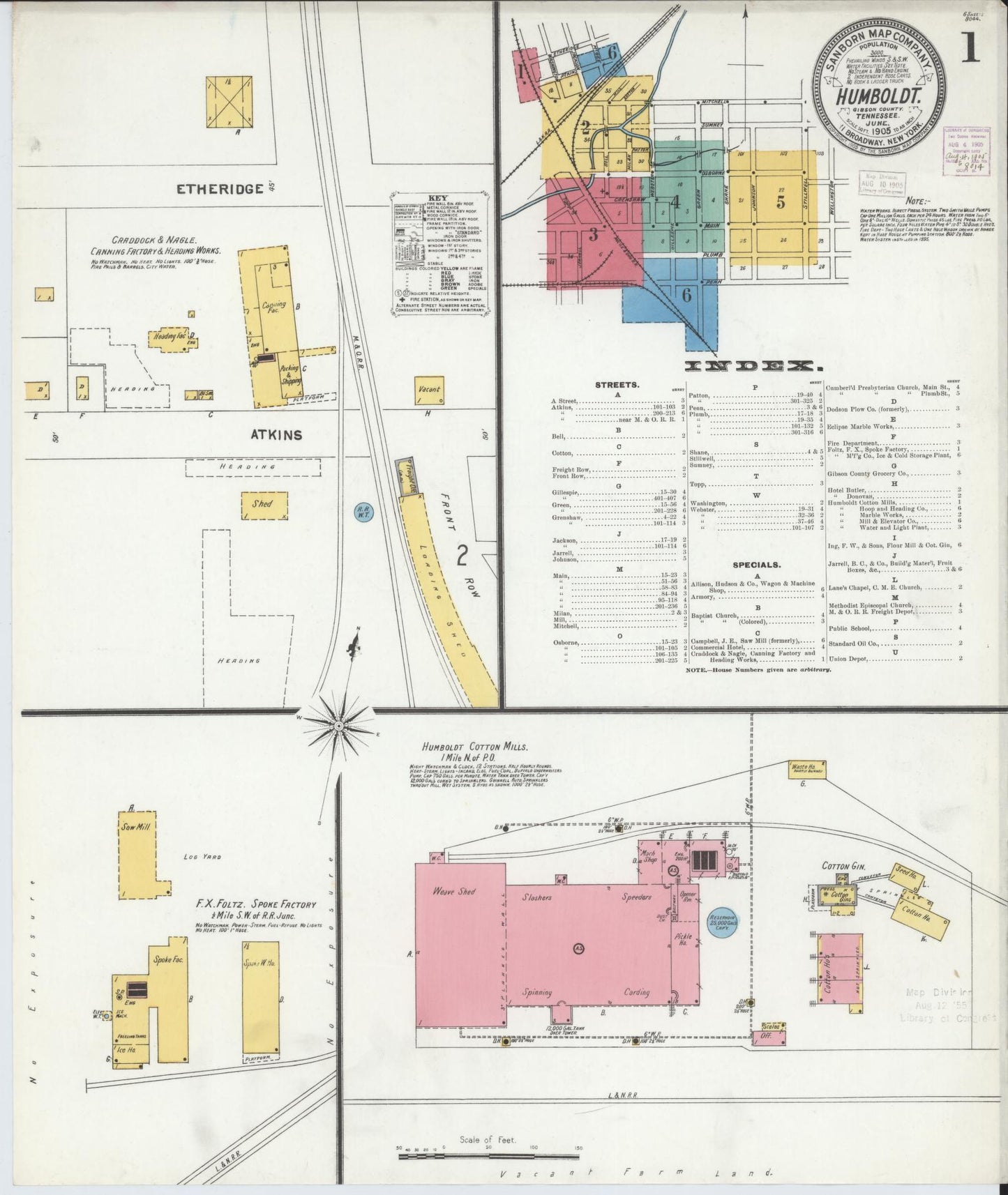 Sanborn Fire Insurance Map from Humboldt, Gibson County, Tennessee (1905), Sheet #0001 - Historic Sanborn Fire Insurance Map Print, vintage old map wall art, antique decor, genealogy gift, Tennessee Tennessee map