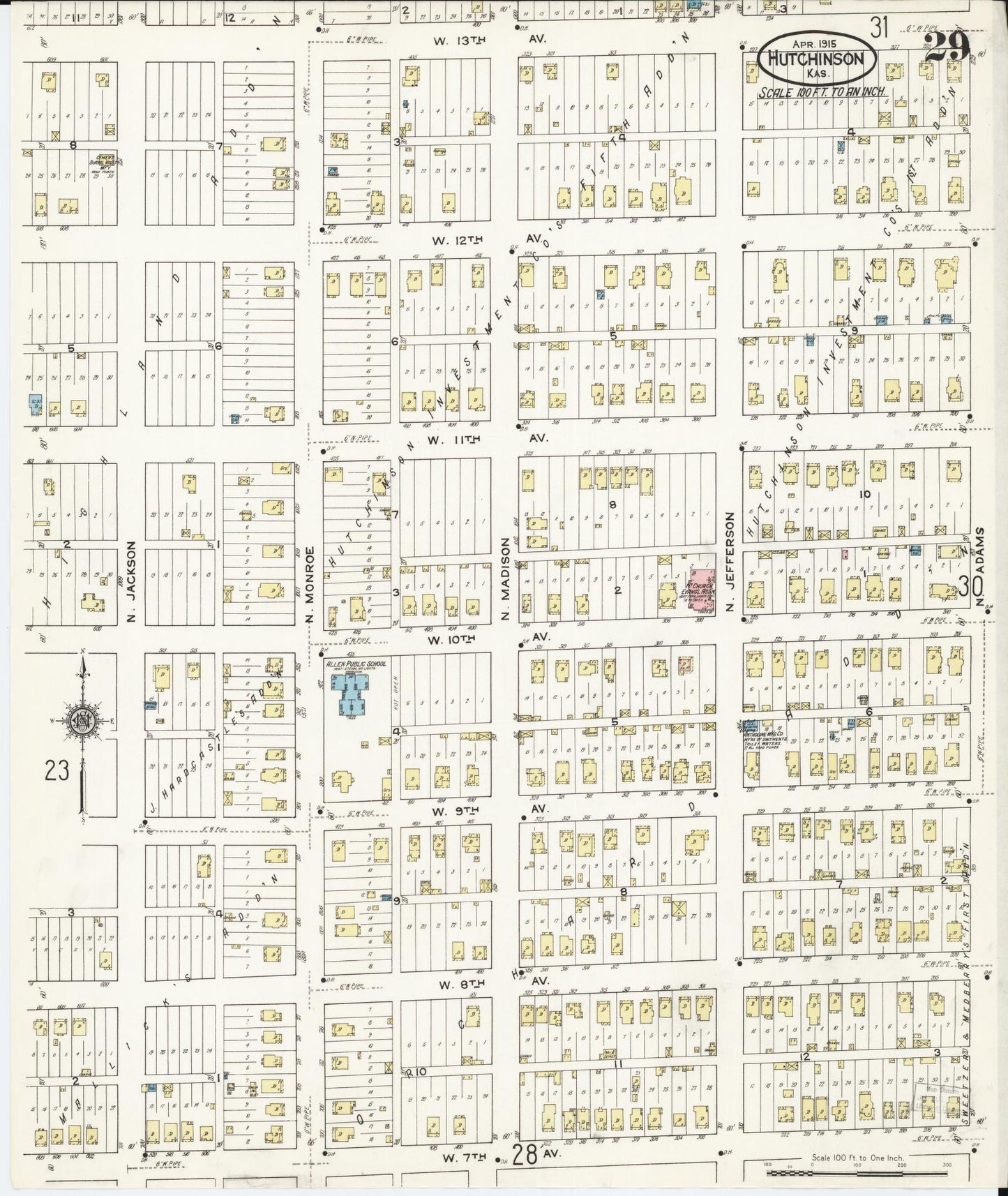 Sanborn Fire Insurance Map from Hutchinson, Reno County, Kansas (1915), Sheet #0030 - Historic Sanborn Fire Insurance Map Print, vintage old map wall art, antique decor, genealogy gift, Kansas Kansas map