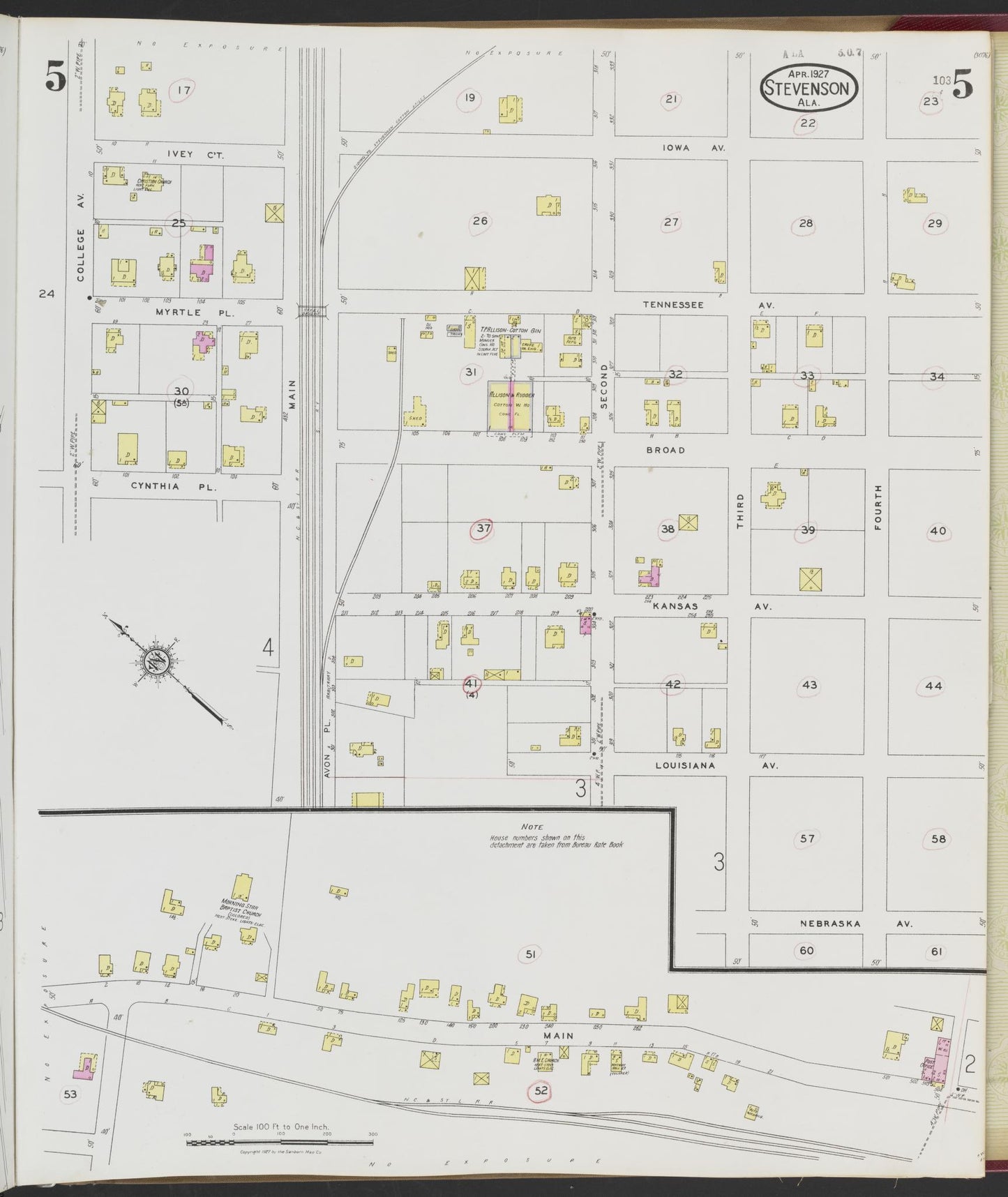 Sanborn Fire Insurance Map from Stevenson, Jackson County, Alabama (1927), Sheet #0005 - Complete Map Set gallery image, historic Sanborn map, vintage wall art, Alabama Alabama