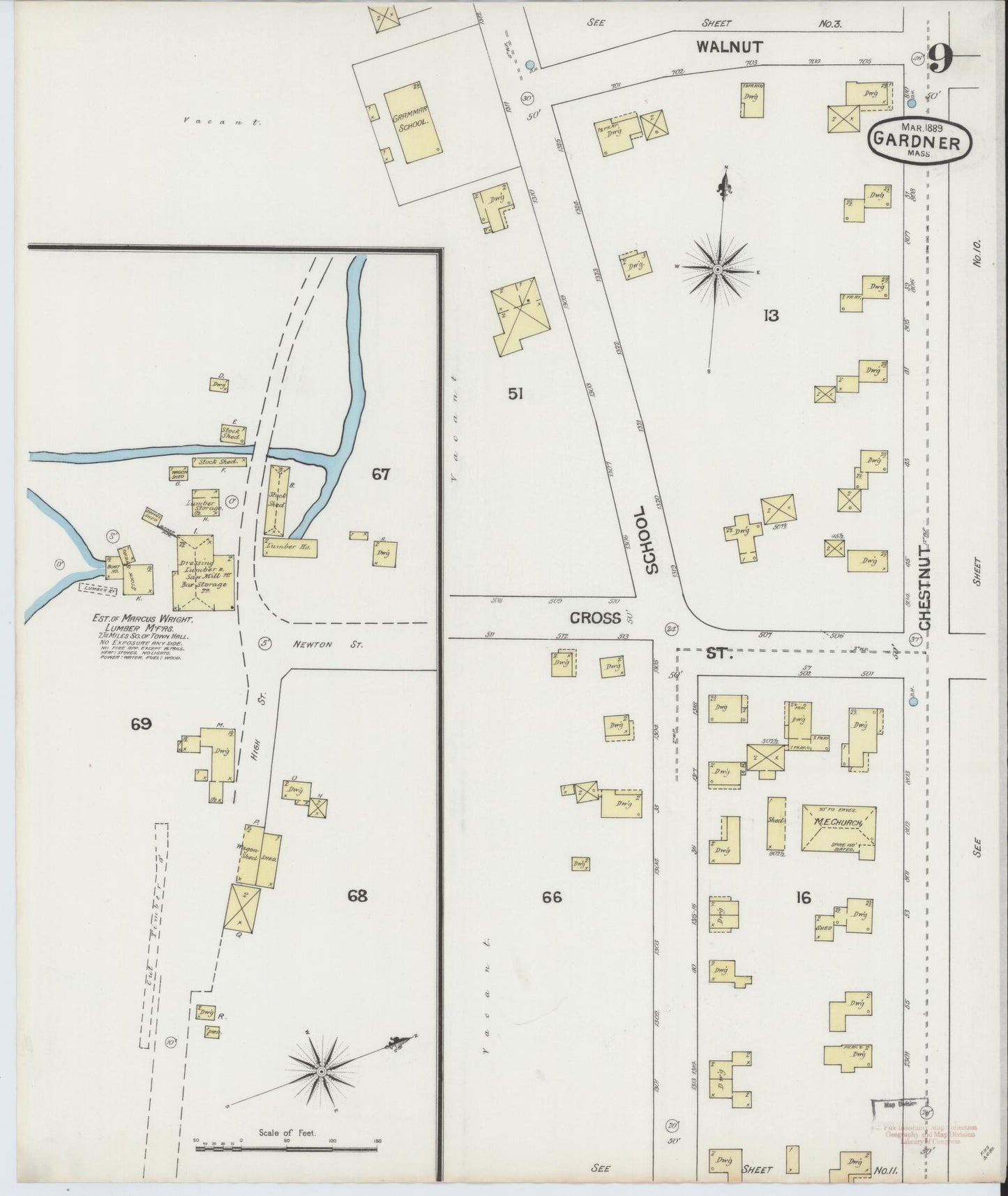 Sanborn Fire Insurance Map from Gardner, Worcester County, Massachusetts (1889), Sheet #0009 - Historic Sanborn Fire Insurance Map Print, vintage old map wall art, antique decor, genealogy gift, Massachusetts Massachusetts map
