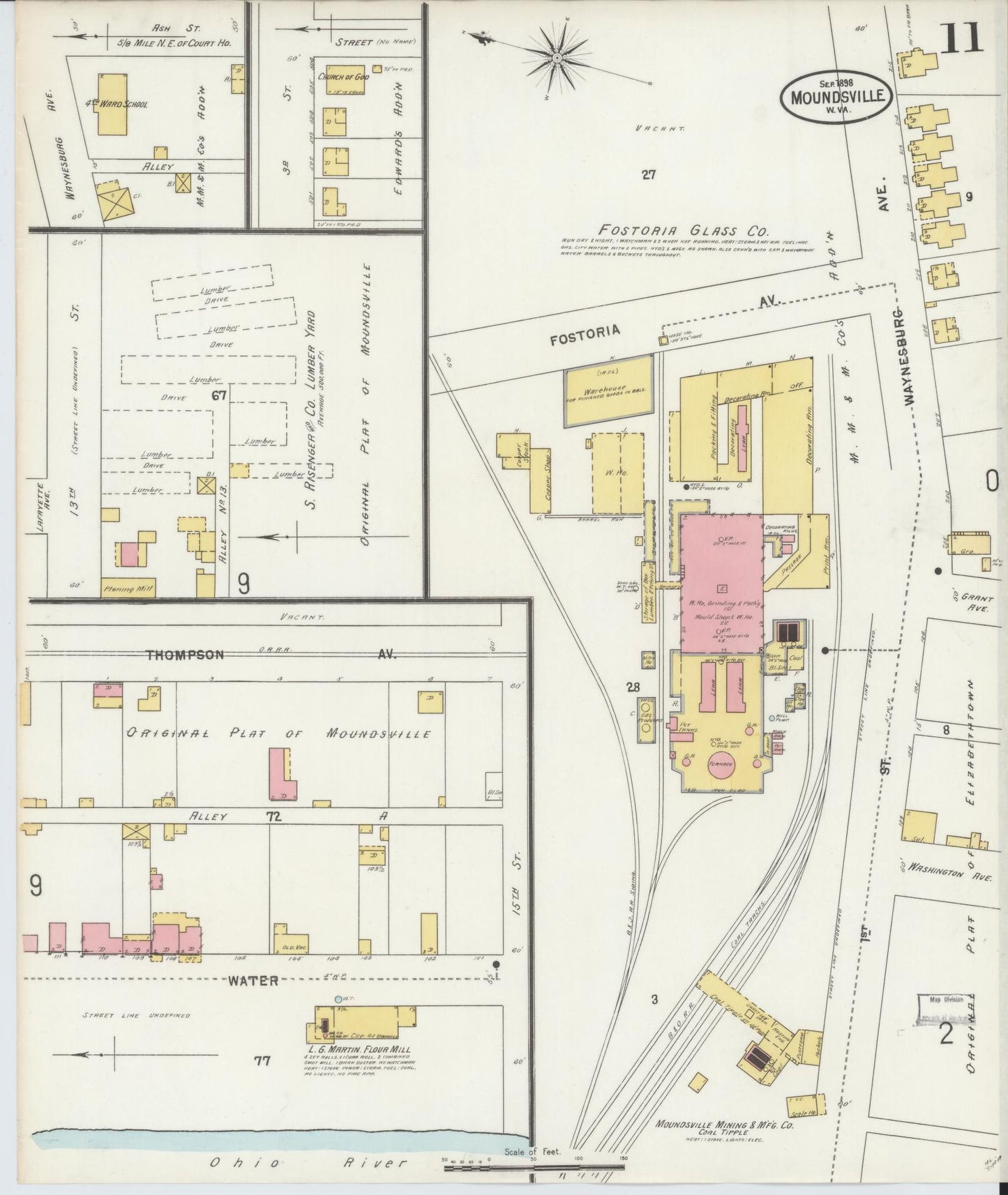 Sanborn Fire Insurance Map from Moundsville, Marshall County, West Virginia (1898), Sheet #0011 - Historic Sanborn Fire Insurance Map Print, vintage old map wall art, antique decor, genealogy gift, West Virginia West Virginia map