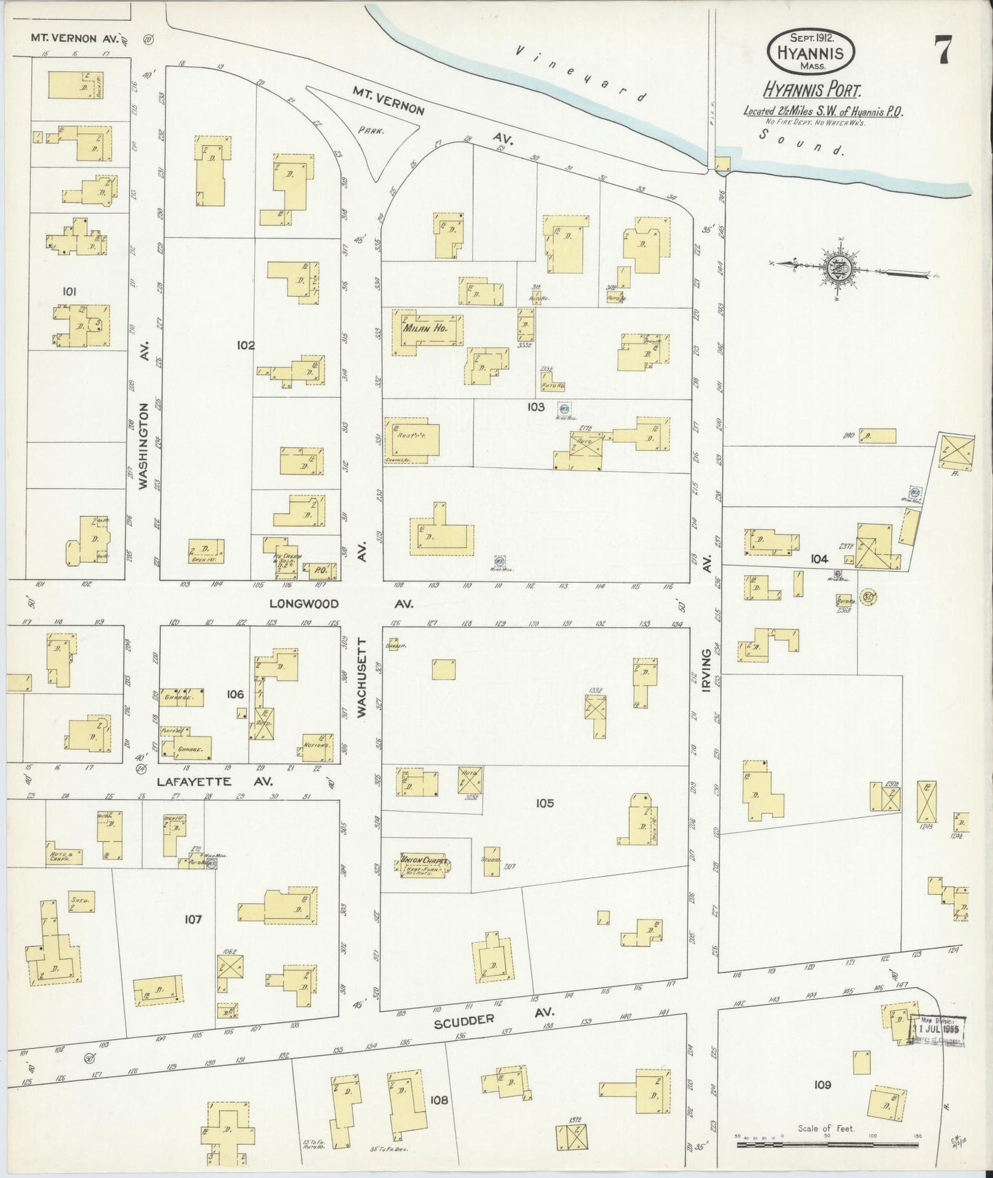 Sanborn Fire Insurance Map from Hyannis, Barnstable County, Massachusetts (1912), Sheet #0007 - Historic Sanborn Fire Insurance Map Print, vintage old map wall art, antique decor, genealogy gift, Massachusetts Massachusetts map