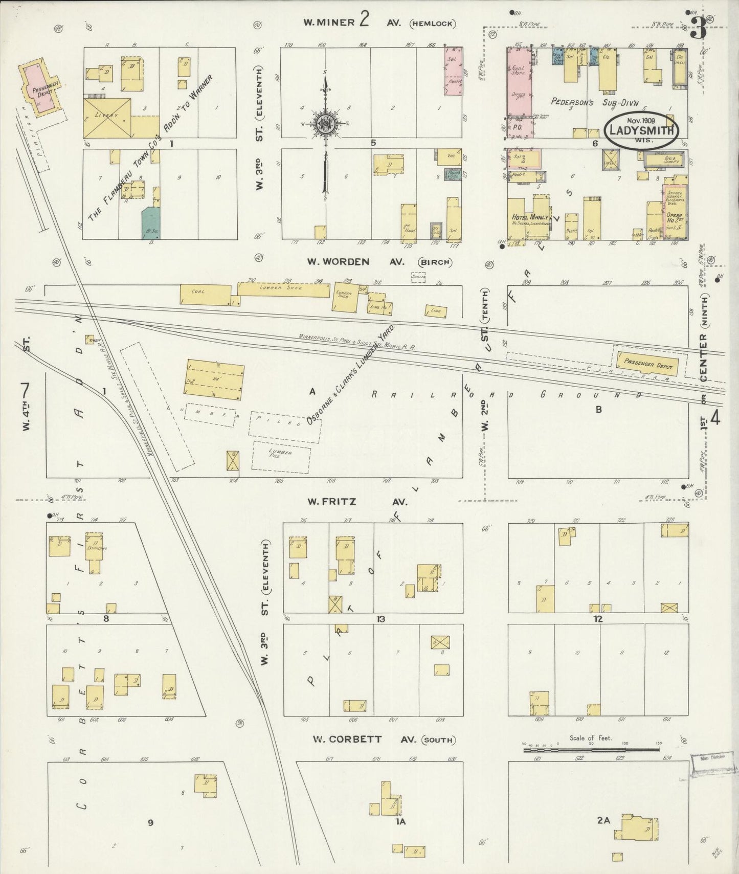 Sanborn Fire Insurance Map from Ladysmith, Rusk County, Wisconsin (1909), Sheet #0003 - Historic Sanborn Fire Insurance Map Print, vintage old map wall art, antique decor, genealogy gift, Wisconsin Wisconsin map